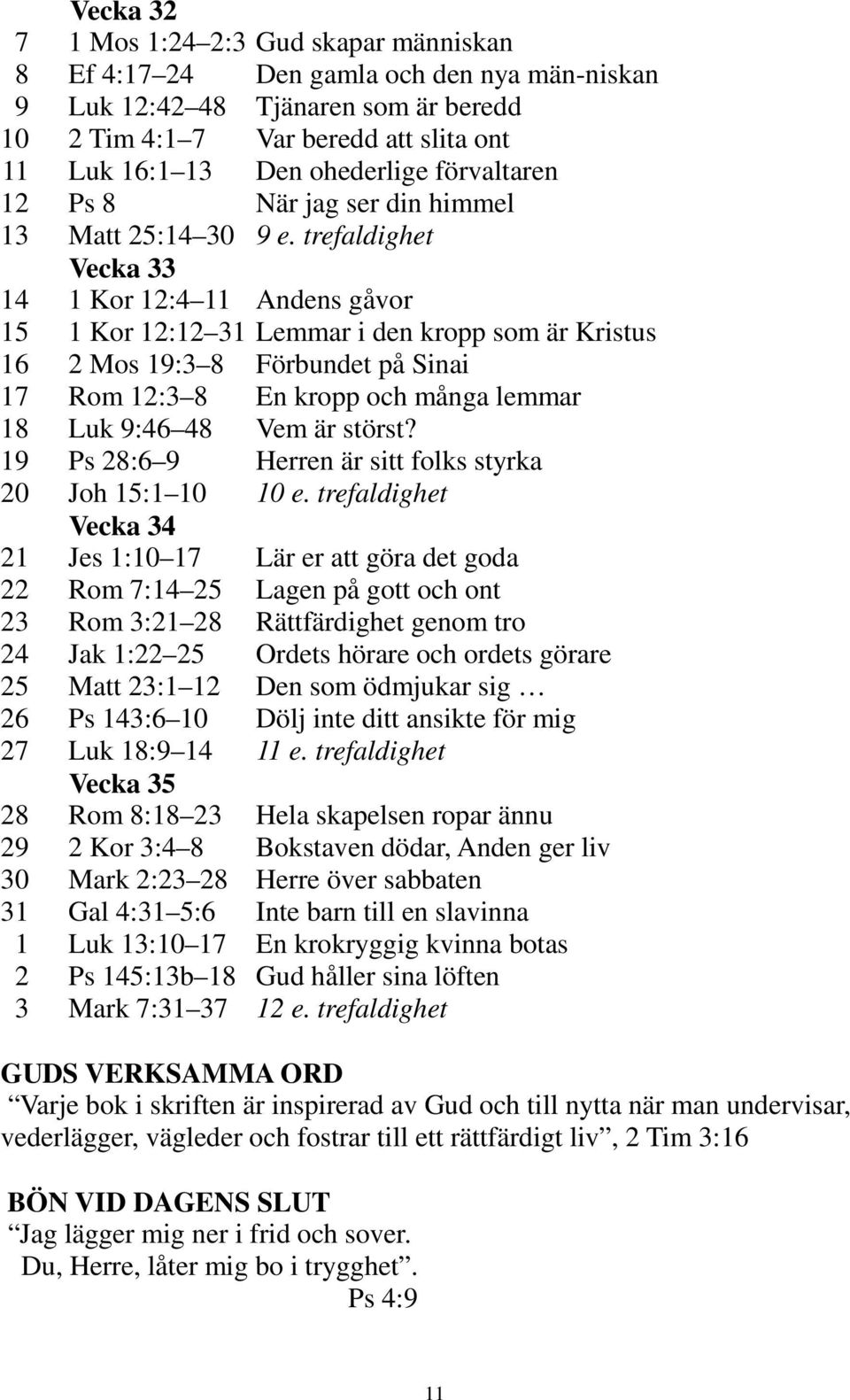 trefaldighet Vecka 33 14 1 Kor 12:4 11 Andens gåvor 15 1 Kor 12:12 31 Lemmar i den kropp som är Kristus 16 2 Mos 19:3 8 Förbundet på Sinai 17 Rom 12:3 8 En kropp och många lemmar 18 Luk 9:46 48 Vem