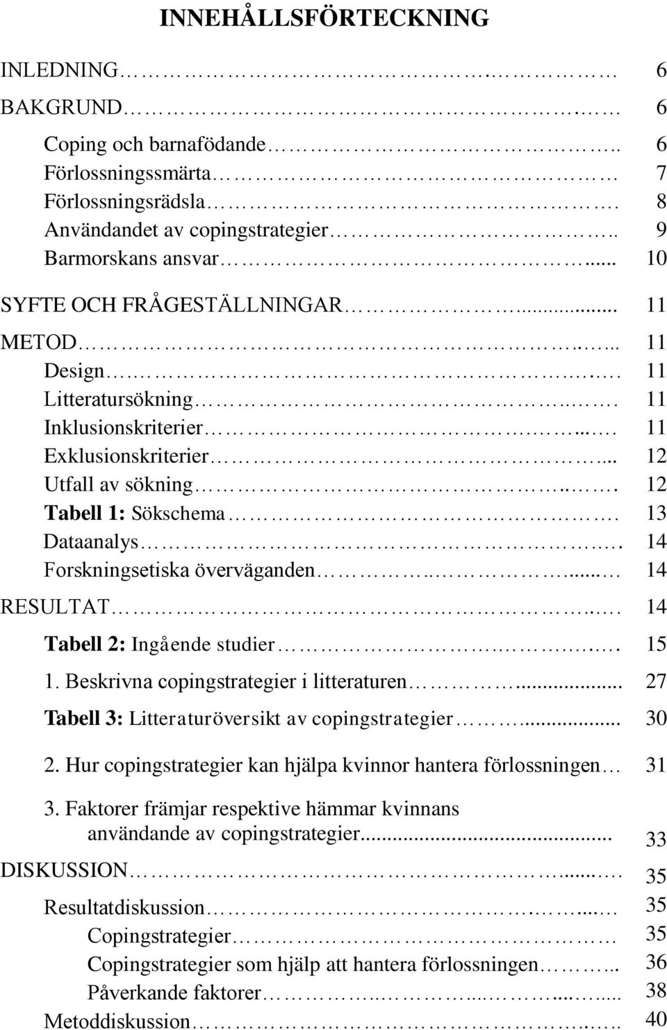 .. Tabell 2: Ingående studier.... 1. Beskrivna copingstrategier i litteraturen... Tabell 3: Litteraturöversikt av copingstrategier... 2. Hur copingstrategier kan hjälpa kvinnor hantera förlossningen 3.