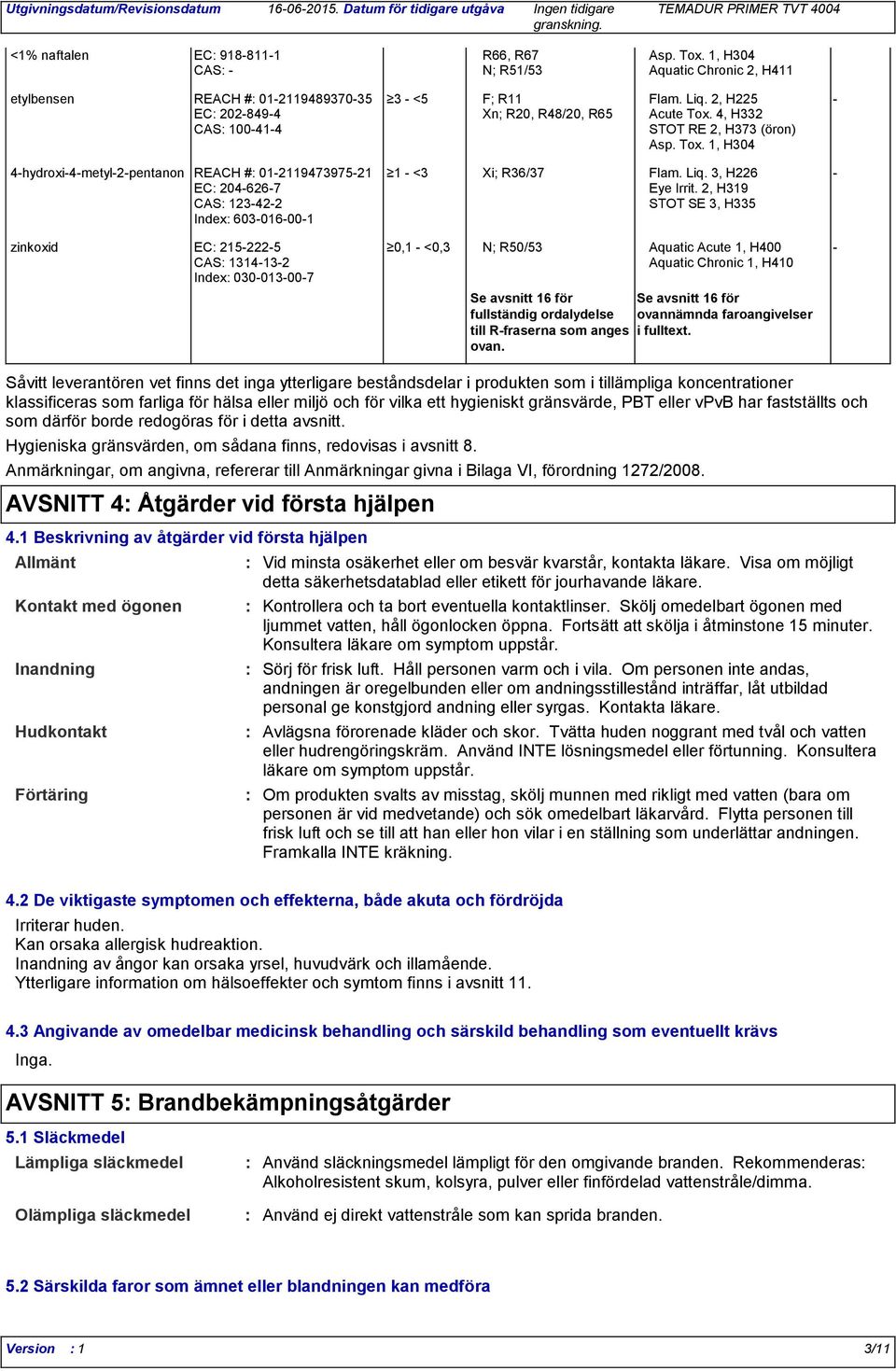 3, H226 - EC 204-626-7 Eye Irrit.