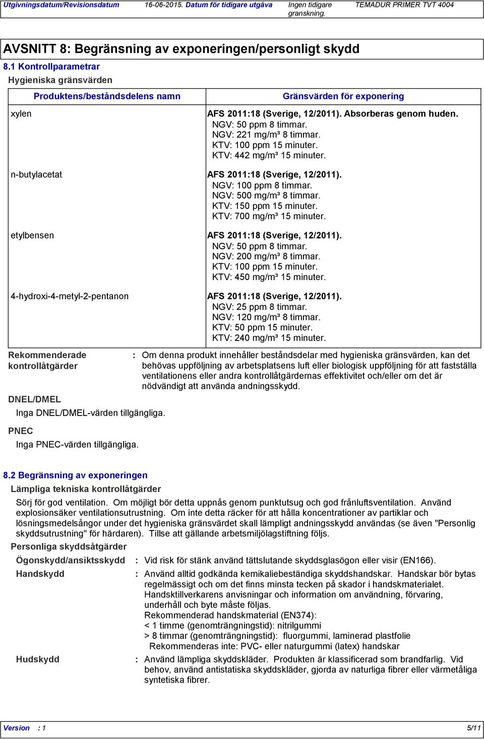 NGV 500 mg/m³ 8 timmar. KTV 150 ppm 15 minuter. KTV 700 mg/m³ 15 minuter. etylbensen AFS 201118 (Sverige, 12/2011). NGV 50 ppm 8 timmar. NGV 200 mg/m³ 8 timmar. KTV 100 ppm 15 minuter.