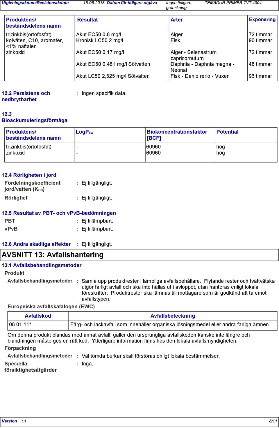 Exponering 12.2 Persistens och nedbrytbarhet Ingen specifik data. 12.3 Bioackumuleringsförmåga Produktens/ beståndsdelens namn LogPow Biokoncentrationsfaktor [BCF] trizinkbis(ortofosfat) - 60960 hög zinkoxid - 60960 hög Potential 12.