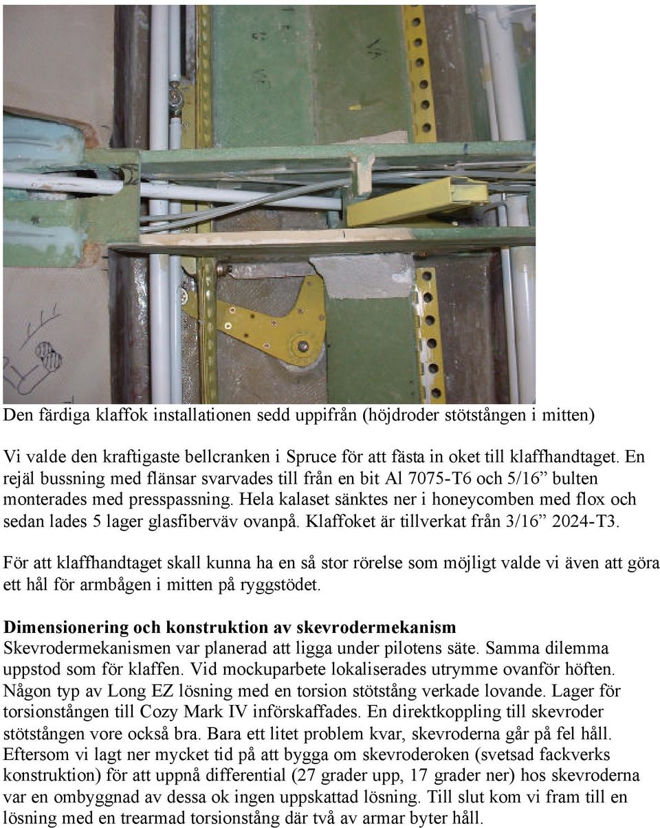 Hela kalaset sänktes ner i honeycomben med flox och sedan lades 5 lager glasfiberväv ovanpå. Klaffoket är tillverkat från 3/16 2024-T3.