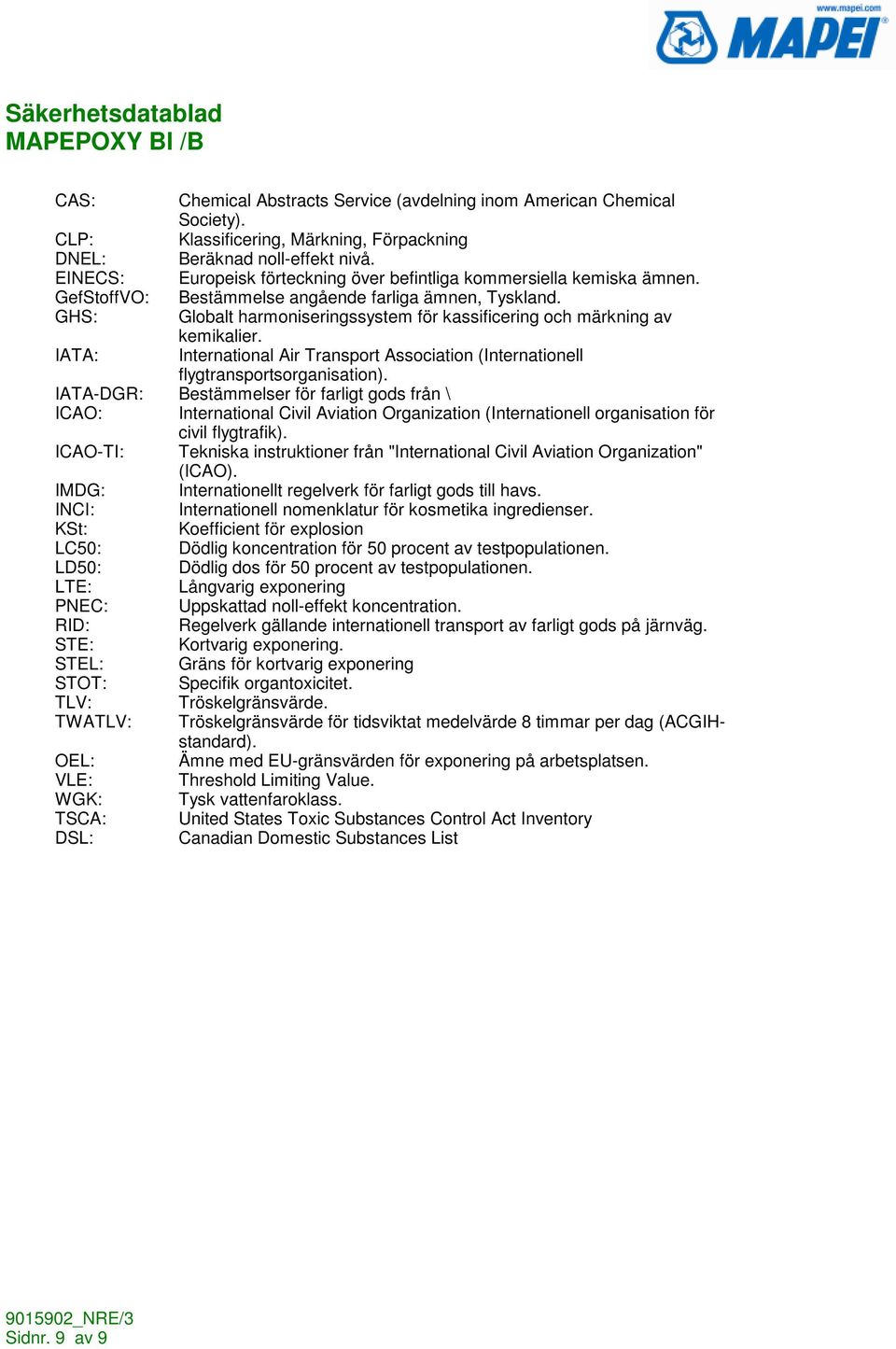 GHS: Globalt harmoniseringssystem för kassificering och märkning av kemikalier. IATA: International Air Transport Association (Internationell flygtransportsorganisation).