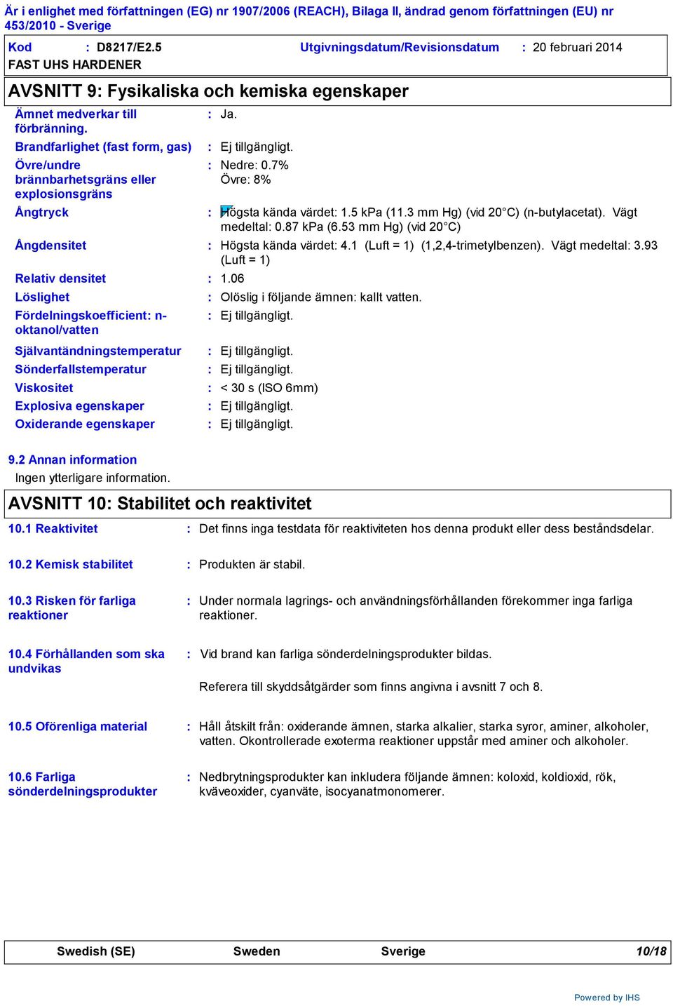 Sönderfallstemperatur Explosiva egenskaper Oxiderande egenskaper Ja. Nedre 0.7% Övre 8% Högsta kända värdet 1.5 kpa (11.3 mm Hg) (vid 20 C) (n-butylacetat). Vägt medeltal 0.87 kpa (6.