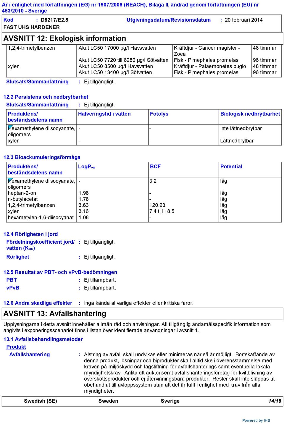 till 8280 µg/l Sötvatten Fisk - Pimephales promelas 96 timmar xylen Akut LC50 8500 µg/l Havsvatten Kräftdjur - Palaemonetes pugio 48 timmar Akut LC50 13400 µg/l Sötvatten Fisk - Pimephales promelas