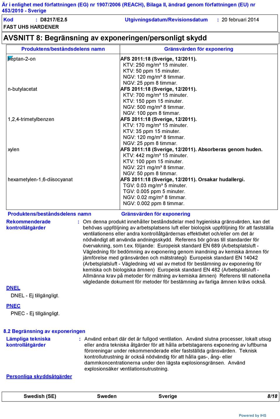 heptan-2-on AFS 201118 (Sverige, 12/2011). KTV 250 mg/m³ 15 minuter. KTV 50 ppm 15 minuter. NGV 120 mg/m³ 8 timmar. NGV 25 ppm 8 timmar. n-butylacetat AFS 201118 (Sverige, 12/2011).