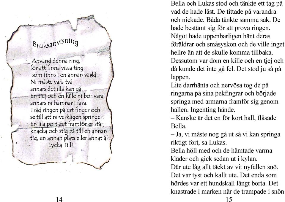 Det stod ju så på lappen. Lite darrhänta och nervösa tog de på ringarna på sina pekfingrar och började springa med armarna framför sig genom hallen. Ingenting hände.