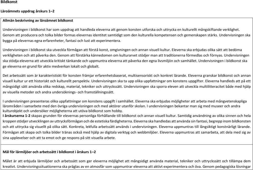 Undervisningen ska bygga på elevernas egna erfarenheter, fantasi och lust att experimentera. Undervisningen i bildkonst ska utveckla förmågan att förstå konst, omgivningen och annan visuell kultur.