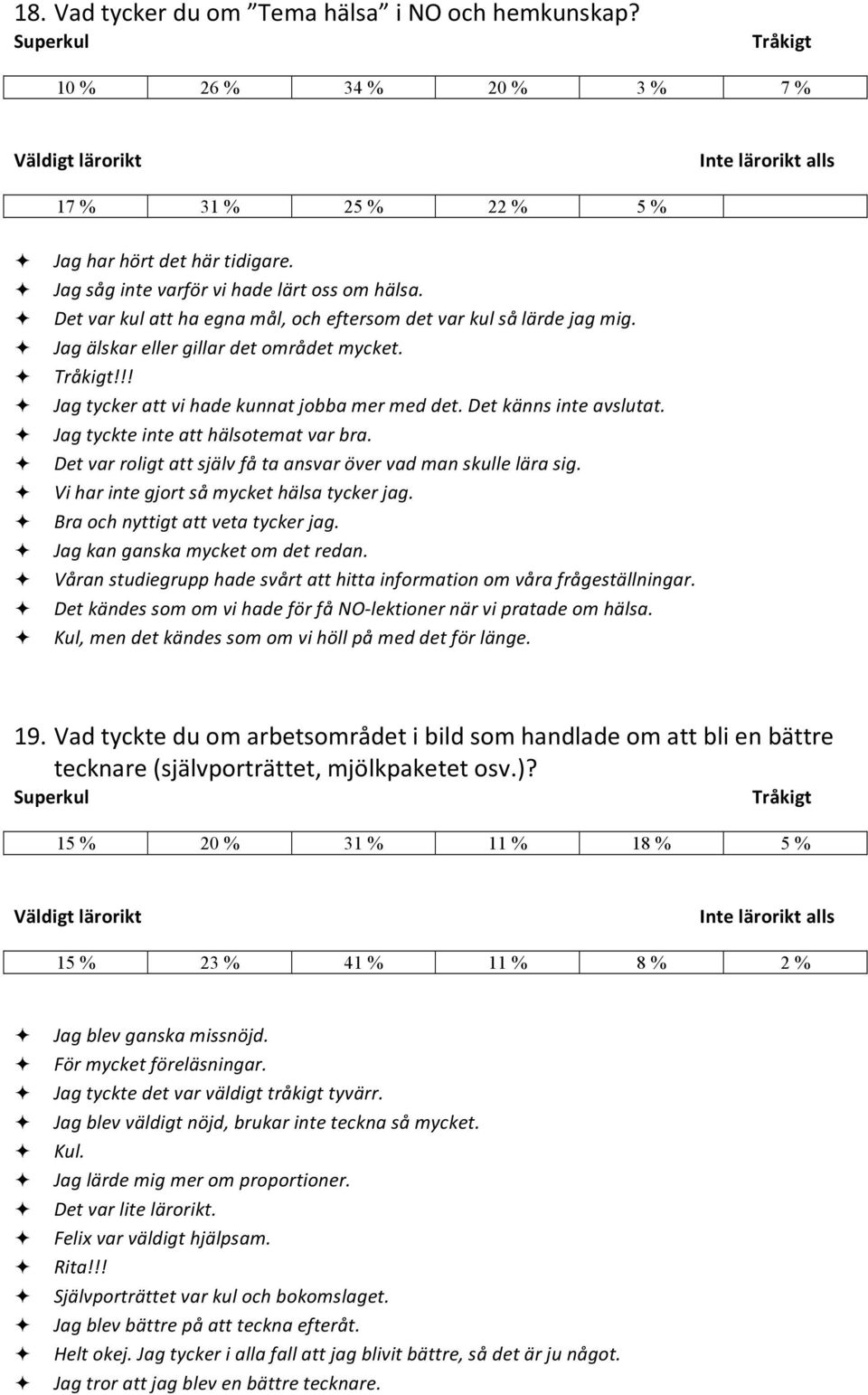 Jag tyckte inte att hälsotemat var bra. Det var roligt att själv få ta ansvar över vad man skulle lära sig. Vi har inte gjort så mycket hälsa tycker jag. Bra och nyttigt att veta tycker jag.