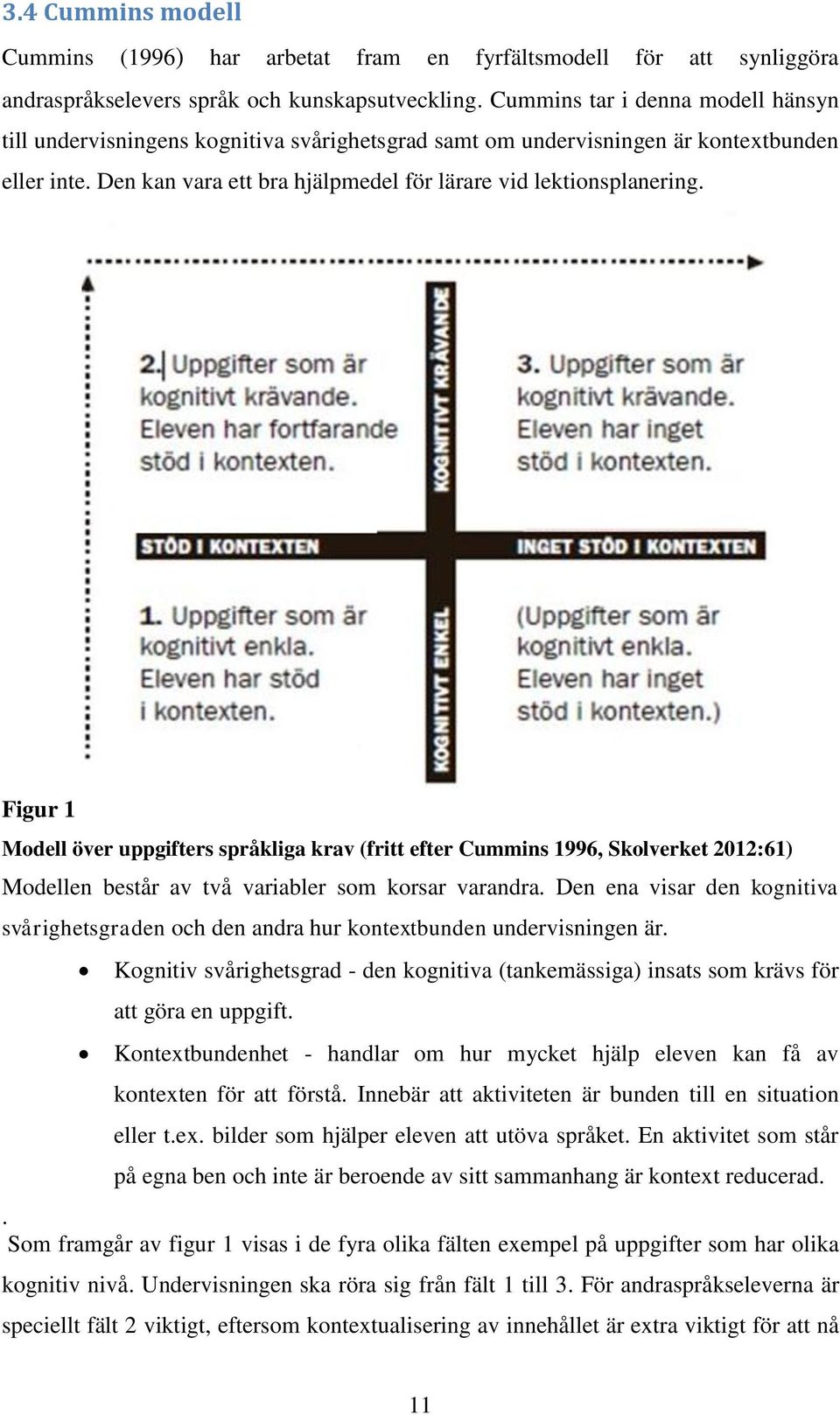 Figur 1 Modell över uppgifters språkliga krav (fritt efter Cummins 1996, Skolverket 2012:61) Modellen består av två variabler som korsar varandra.