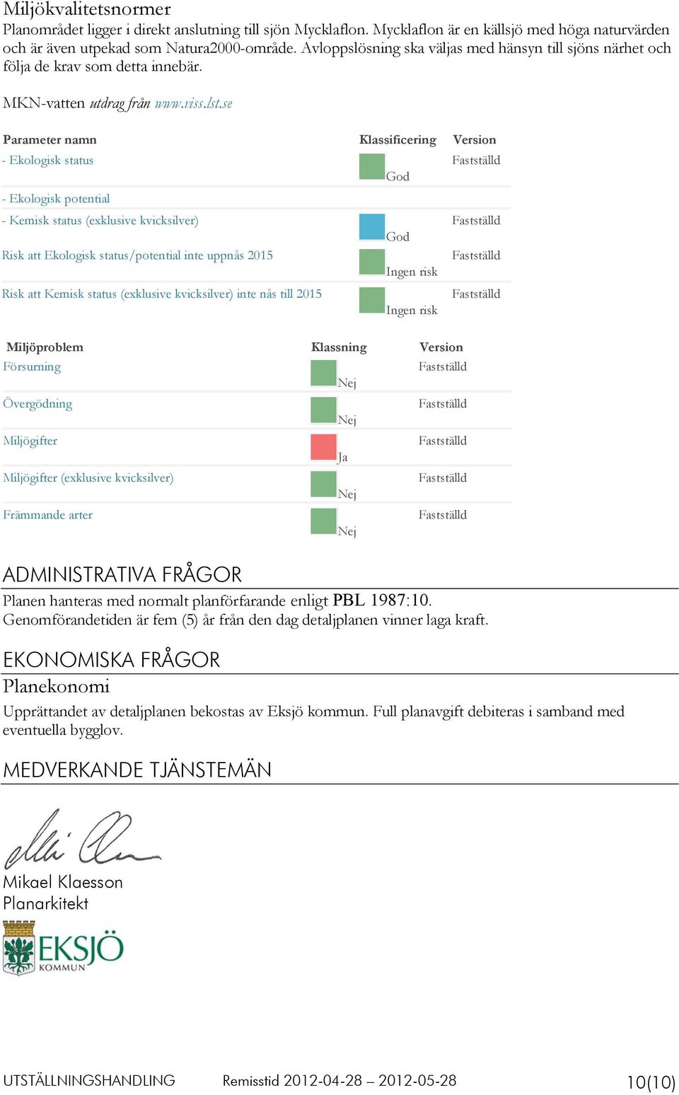 se Parameter namn Klassificering Version - Ekologisk status God - Ekologisk potential - Kemisk status (exklusive kvicksilver) God Risk att Ekologisk status/potential inte uppnås 2015 Ingen risk Risk