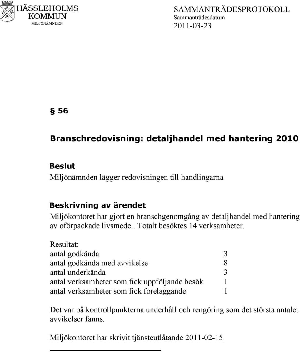 Resultat: antal godkända 3 antal godkända med avvikelse 8 antal underkända 3 antal verksamheter som fick uppföljande besök 1 antal