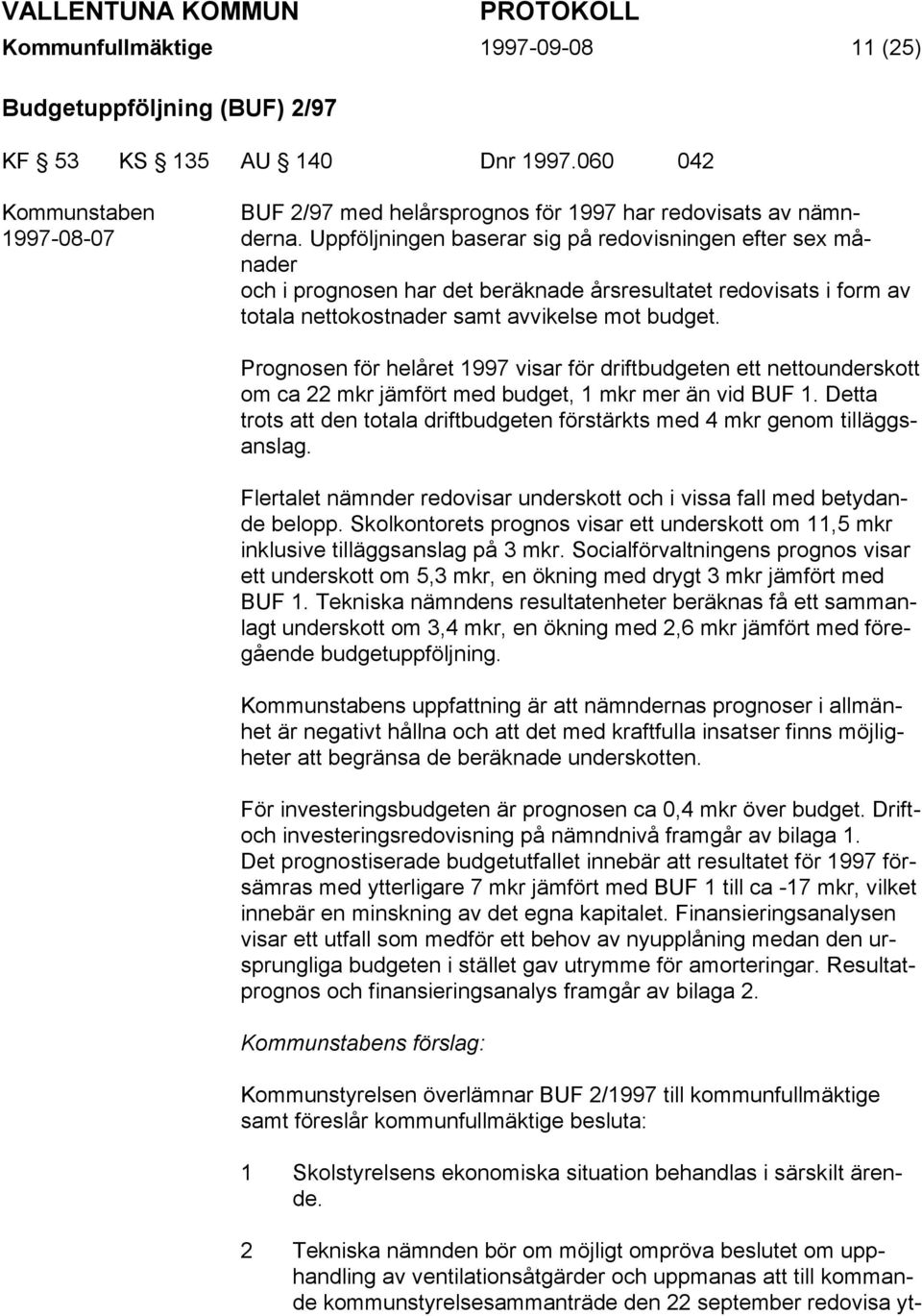 Prognosen för helåret 1997 visar för driftbudgeten ett nettounderskott om ca 22 mkr jämfört med budget, 1 mkr mer än vid BUF 1.