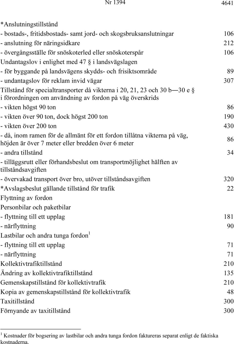 20, 21, 23 och 30 b 30 e i förordningen om användning av fordon på väg överskrids - vikten högst 90 ton 86 - vikten över 90 ton, dock högst 200 ton 190 - vikten över 200 ton 430 - då, inom ramen för