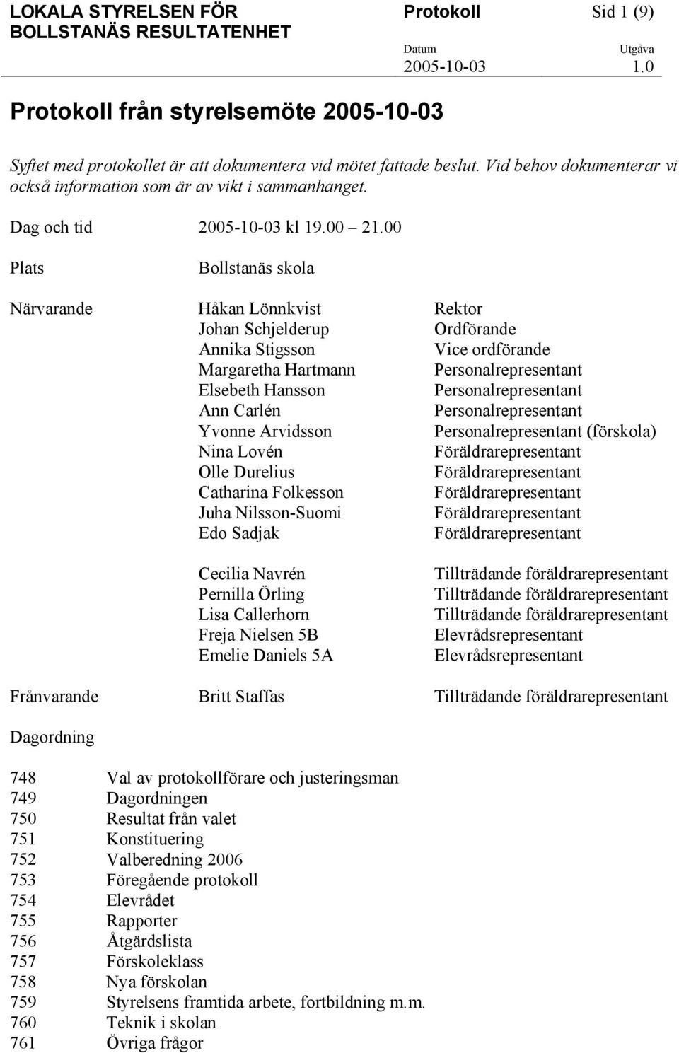 00 Plats Bollstanäs skola Närvarande Håkan Lönnkvist Rektor Johan Schjelderup Ordförande Annika Stigsson Vice ordförande Margaretha Hartmann Personalrepresentant Elsebeth Hansson Personalrepresentant