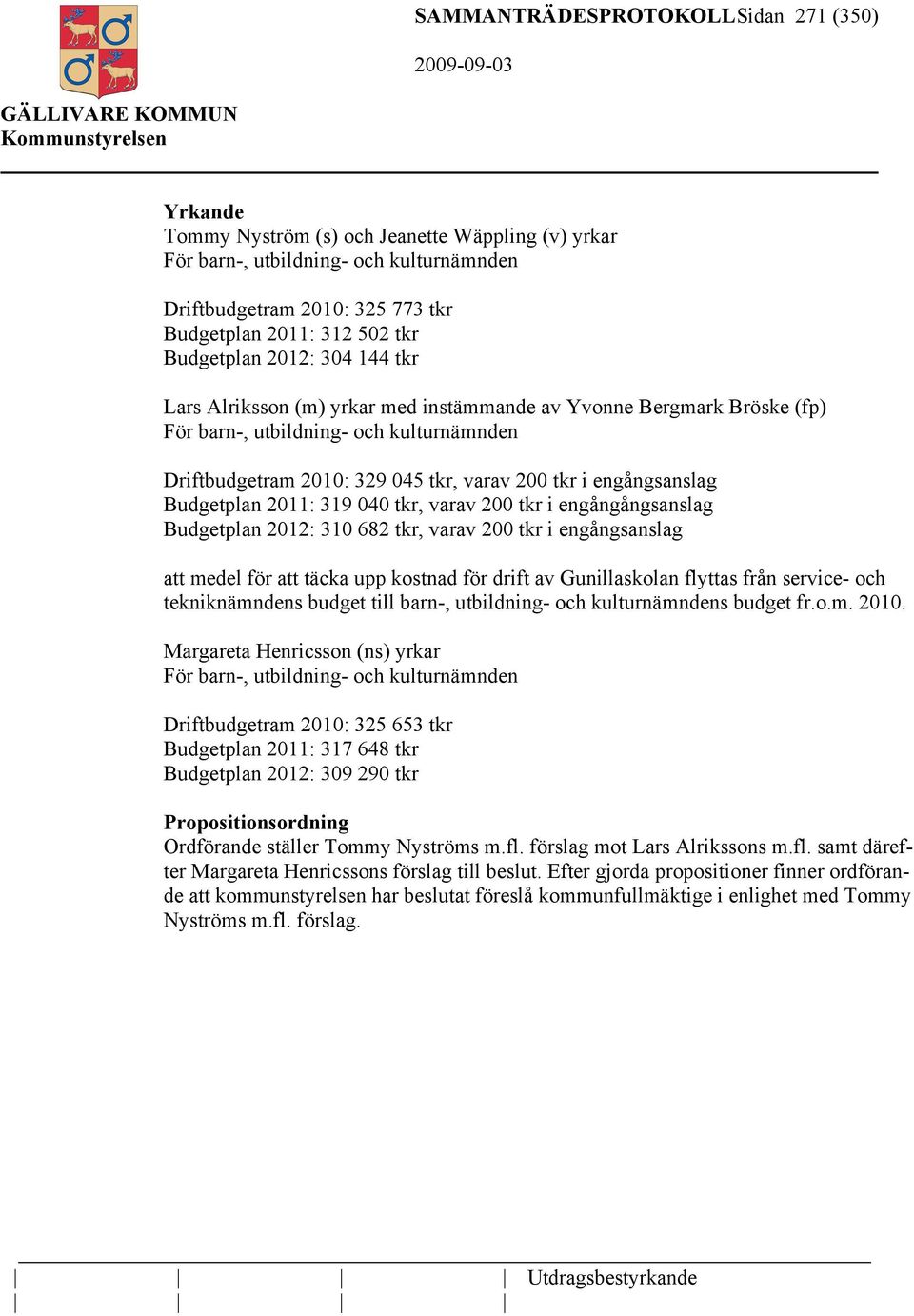 engångsanslag Budgetplan 2011: 319 040 tkr, varav 200 tkr i engångångsanslag Budgetplan 2012: 310 682 tkr, varav 200 tkr i engångsanslag att medel för att täcka upp kostnad för drift av Gunillaskolan