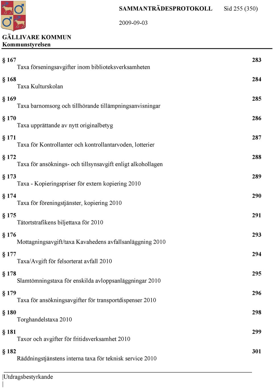 för extern kopiering 2010 174 290 Taxa för föreningstjänster, kopiering 2010 175 291 Tätortstrafikens biljettaxa för 2010 176 293 Mottagningsavgift/taxa Kavahedens avfallsanläggning 2010 177 294