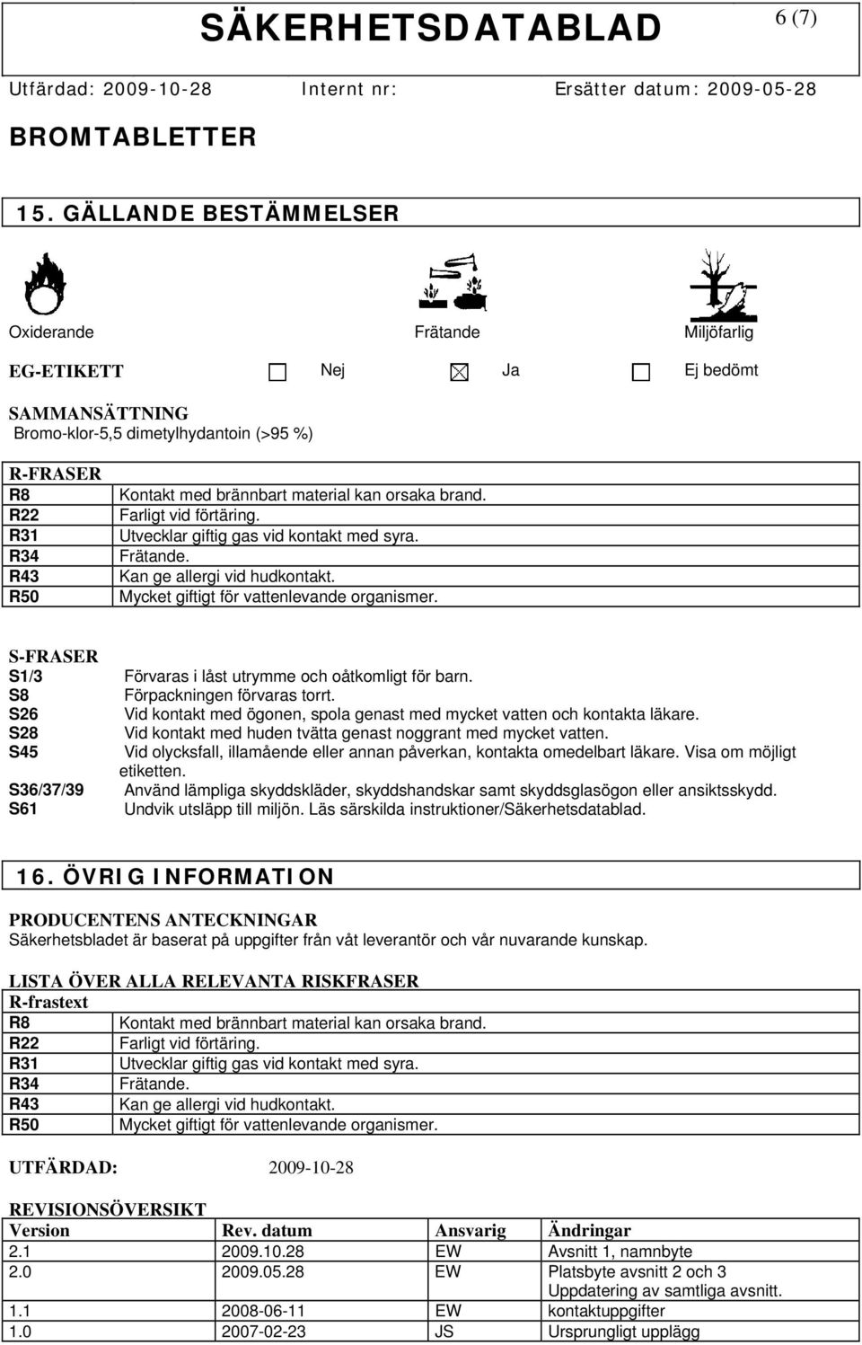 kan orsaka brand. Farligt vid förtäring. Utvecklar giftig gas vid kontakt med syra. Frätande. Kan ge allergi vid hudkontakt. Mycket giftigt för vattenlevande organismer.