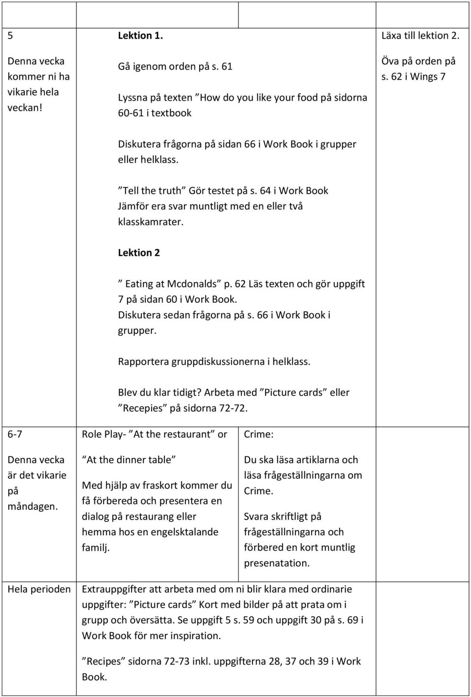 Lektion 2 Eating at Mcdonalds p. 62 Läs texten och gör uppgift 7 på sidan 60 i Work Book. Diskutera sedan frågorna på s. 66 i Work Book i grupper. Rapportera gruppdiskussionerna i helklass.