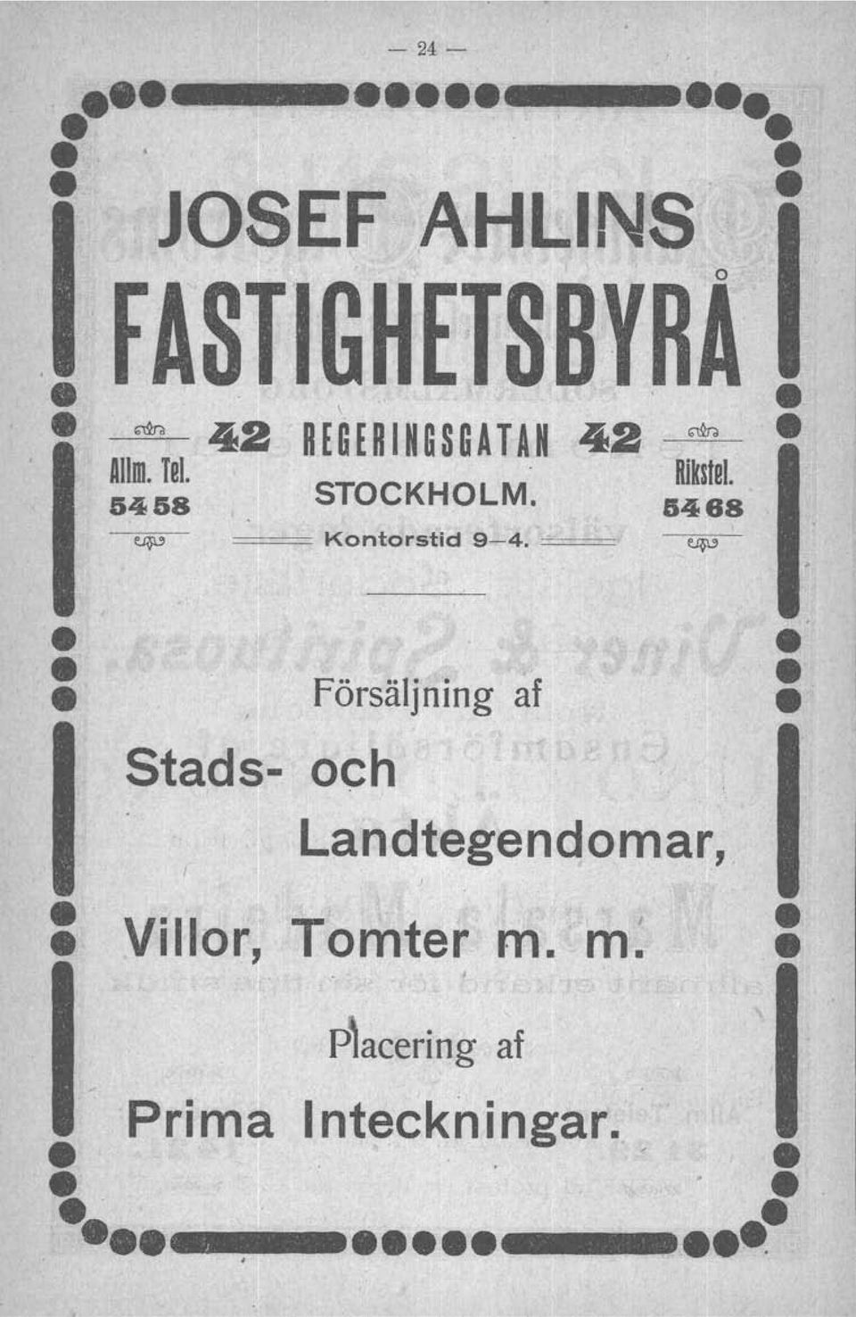 ftikstel. 5458 STOCKHOLM. 5488 ~ Kontorstid 9-4.