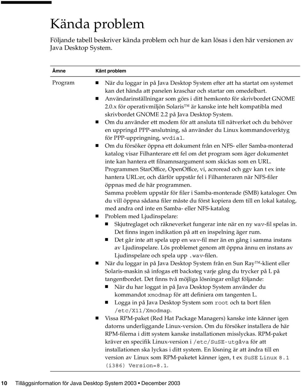 Användarinställningar som görs i ditt hemkonto för skrivbordet GNOME 2.0.x för operativmiljön Solaris är kanske inte helt kompatibla med skrivbordet GNOME 2.2 på Java Desktop System.