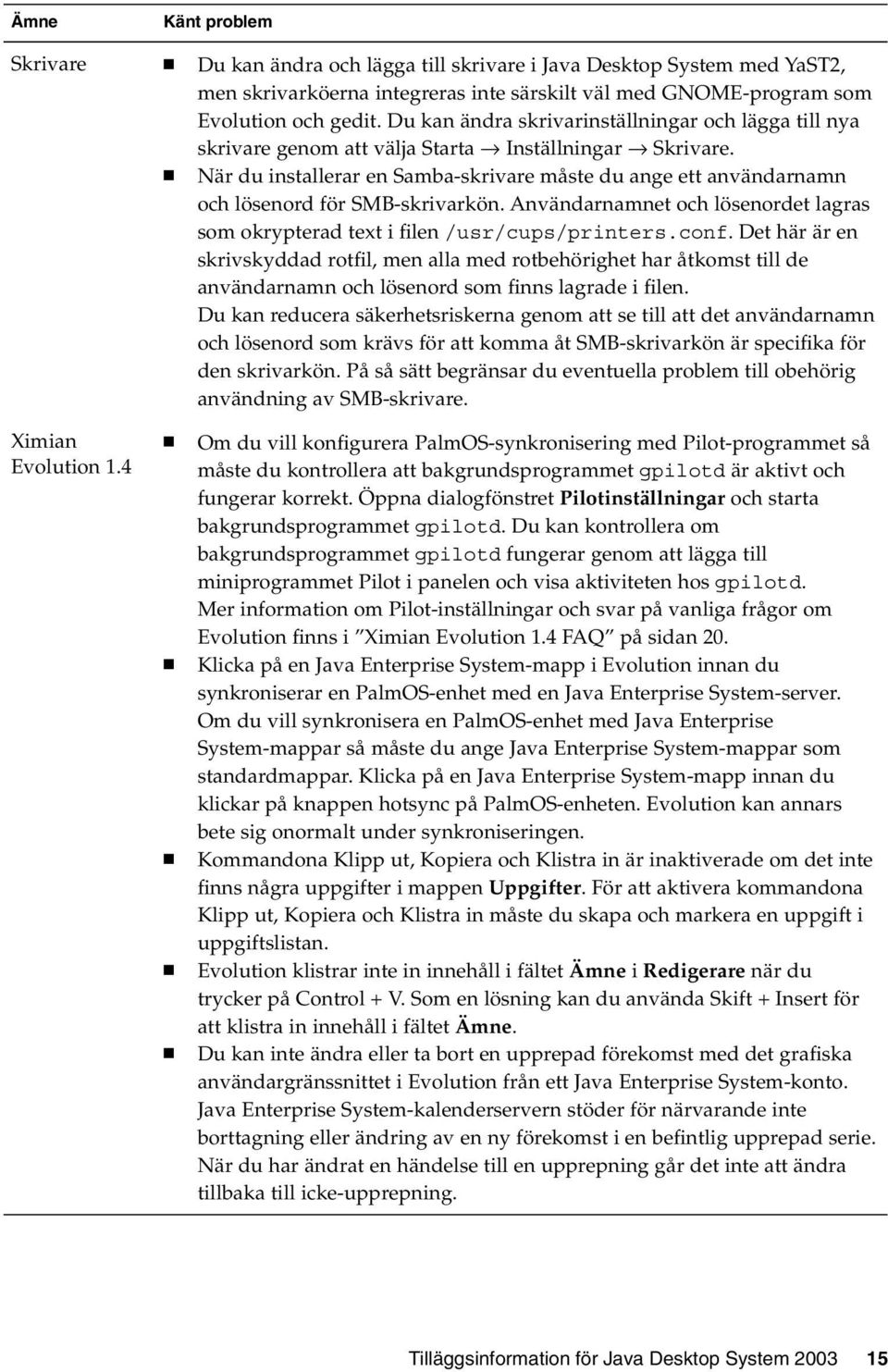 När du installerar en Samba-skrivare måste du ange ett användarnamn och lösenord för SMB-skrivarkön. Användarnamnet och lösenordet lagras som okrypterad text i filen /usr/cups/printers.conf.