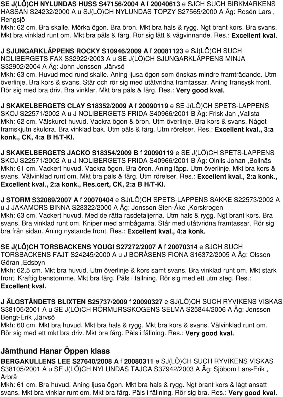 J SJUNGARKLÄPPENS ROCKY S10946/2009 A f 20081123 e SJ(LÖ)CH SUCH NOLIBERGETS FAX S32922/2003 A u SE J(LÖ)CH SJUNGARKLÄPPENS MINJA S32902/2004 A Äg: John Jonsson,Järvsö Mkh: 63 cm.