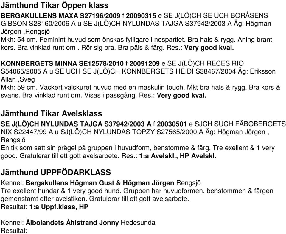 KONNBERGETS MINNA SE12578/2010 f 20091209 e SE J(LÖ)CH RECES RIO S54065/2005 A u SE UCH SE J(LÖ)CH KONNBERGETS HEIDI S38467/2004 Äg: Eriksson Allan,Sveg Mkh: 59 cm.