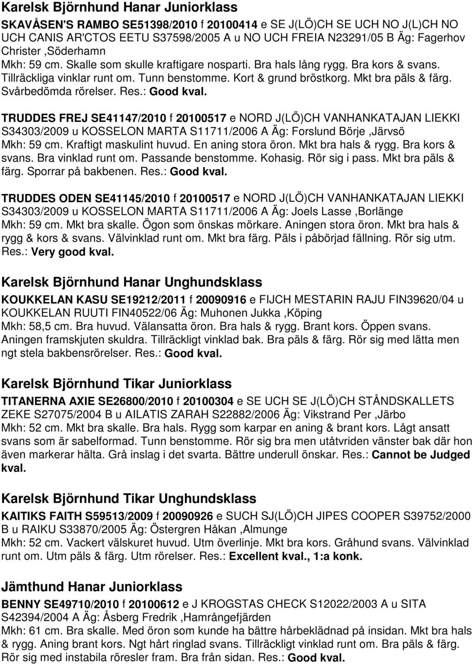 Svårbedömda rörelser. Res.: Good kval. TRUDDES FREJ SE41147/2010 f 20100517 e NORD J(LÖ)CH VANHANKATAJAN LIEKKI S34303/2009 u KOSSELON MARTA S11711/2006 A Äg: Forslund Börje,Järvsö Mkh: 59 cm.