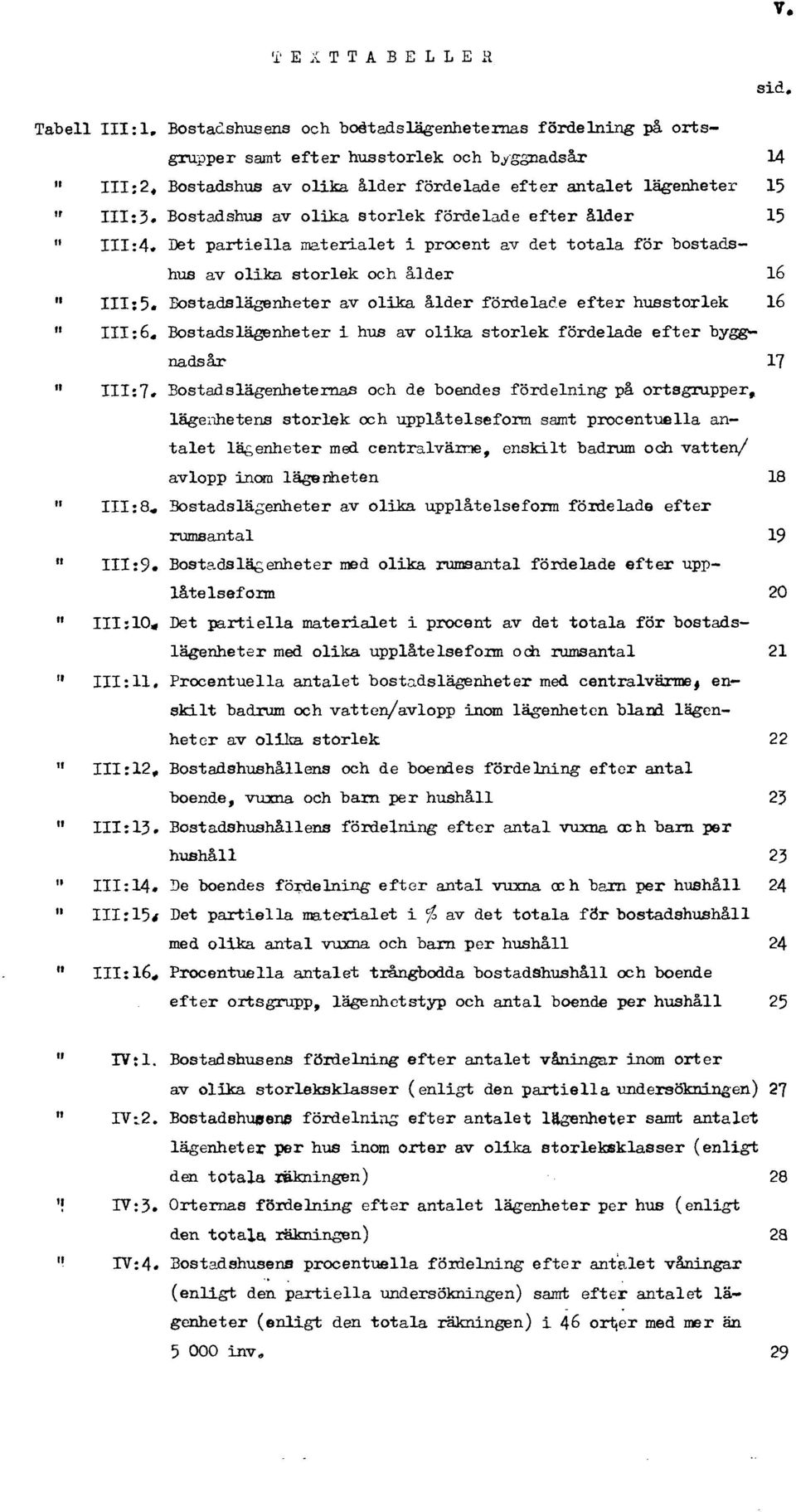 Det partiella materialet i procent av det totala för bostadshus av olika storlek och ålder 16 " III:5. Bostadslägenheter av olika ålder fördelade efter husstorlek 16 " III:6.