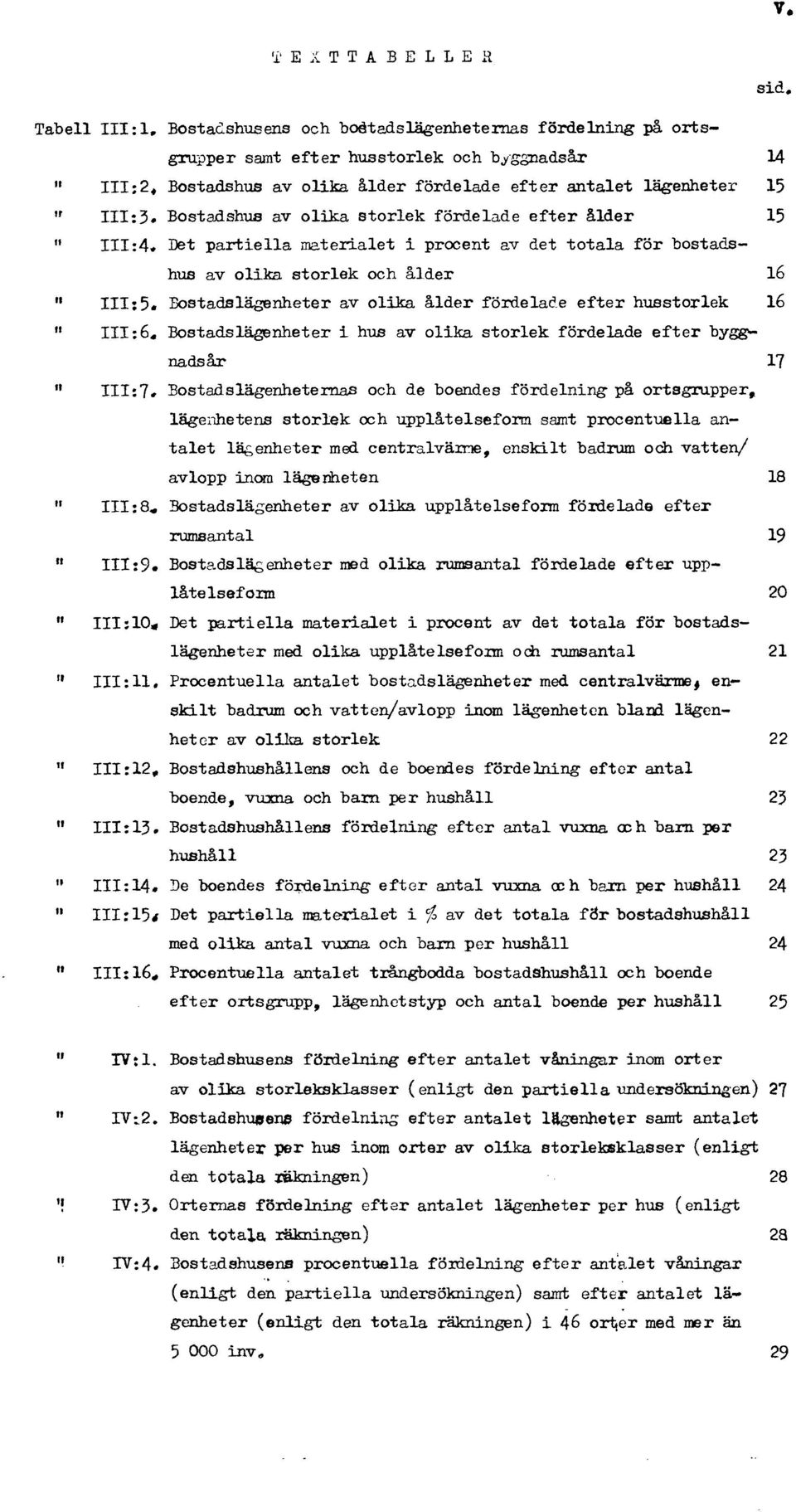 Det partiella materialet i procent av det totala för bostadshus av olika storlek och ålder 16 " III:5. Bostadslägenheter av olika ålder fördelade efter husstorlek 16 " III:6.