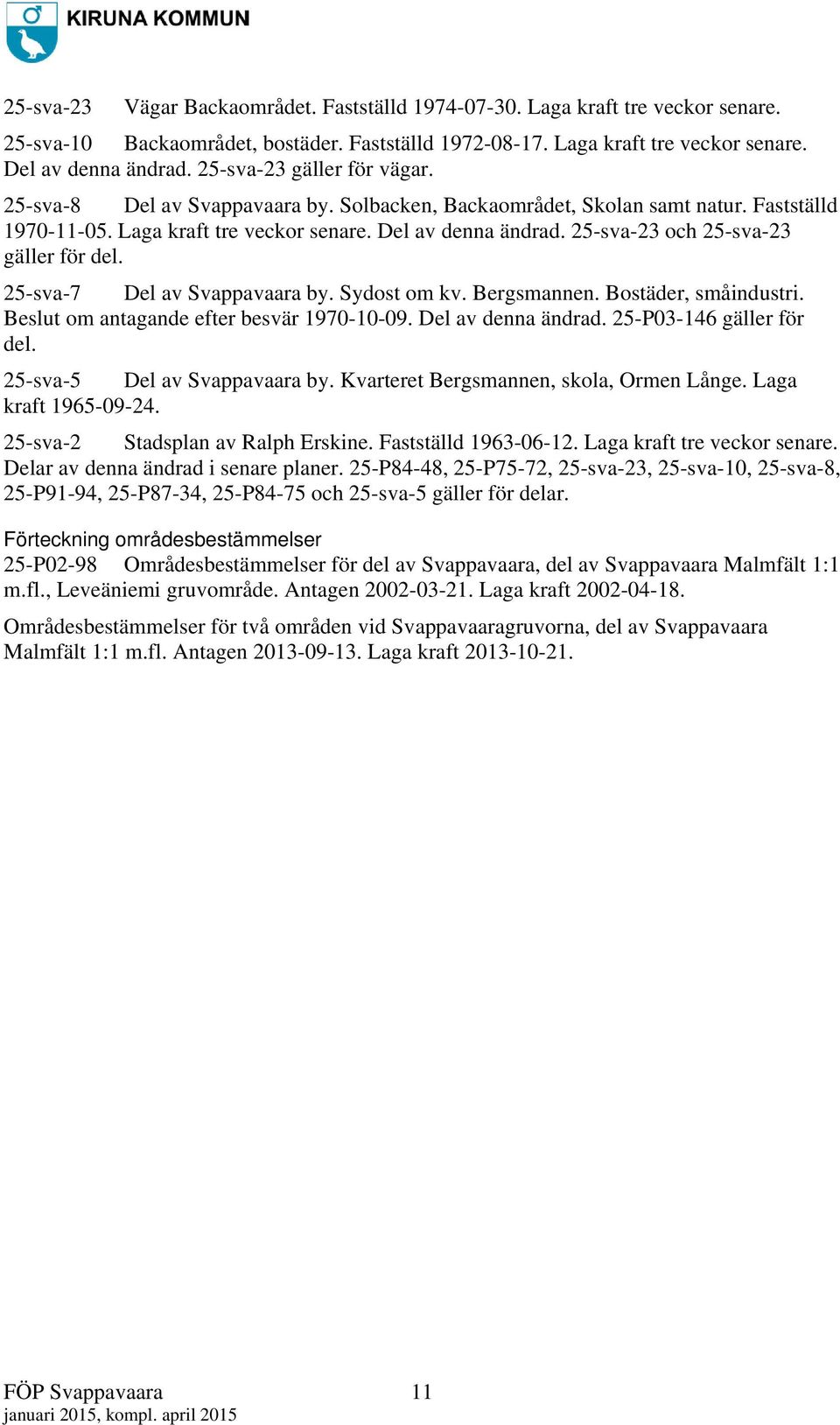 25-sva-23 och 25-sva-23 gäller för del. 25-sva-7 Del av Svappavaara by. Sydost om kv. Bergsmannen. Bostäder, småindustri. Beslut om antagande efter besvär 1970-10-09. Del av denna ändrad.