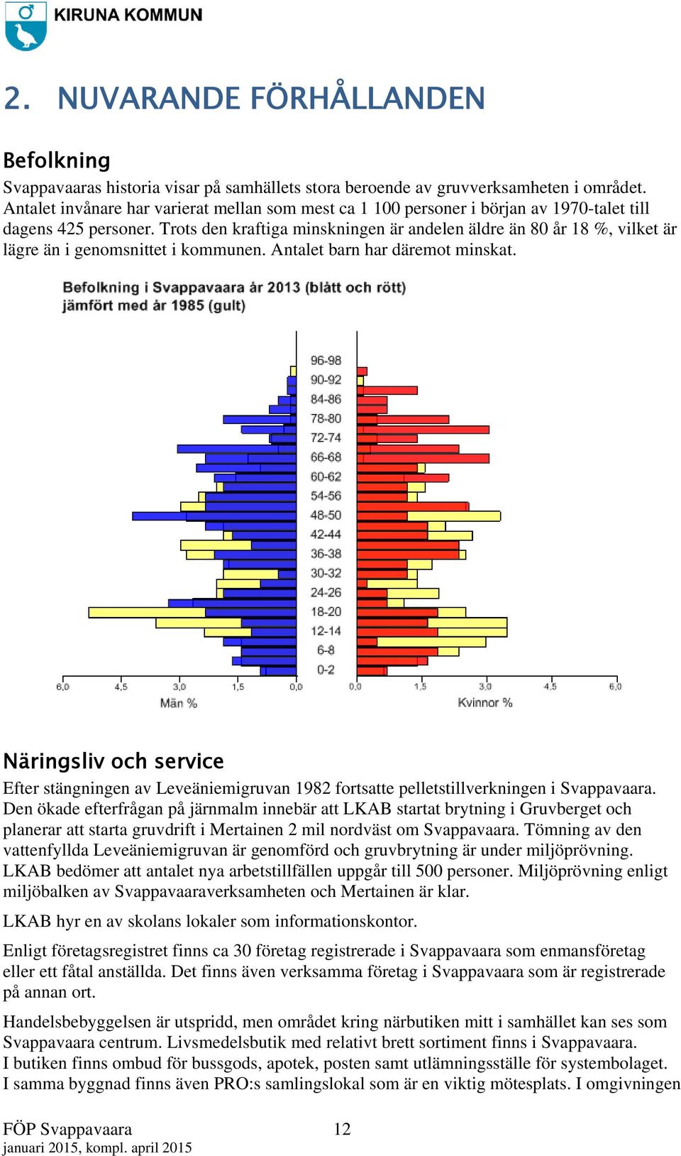 Trots den kraftiga minskningen är andelen äldre än 80 år 18 %, vilket är lägre än i genomsnittet i kommunen. Antalet barn har däremot minskat.