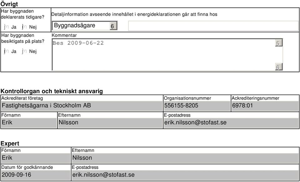 Kontrollorgan och tekniskt ansvarig Ackrediterat företag Fastighetsägarna i Stockholm AB Förnamn Erik Efternamn Nilsson