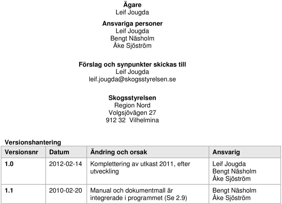 se Skogsstyrelsen Region Nord Volgsjövägen 27 912 32 Vilhelmina Versionshantering Versionsnr Datum Ändring och orsak