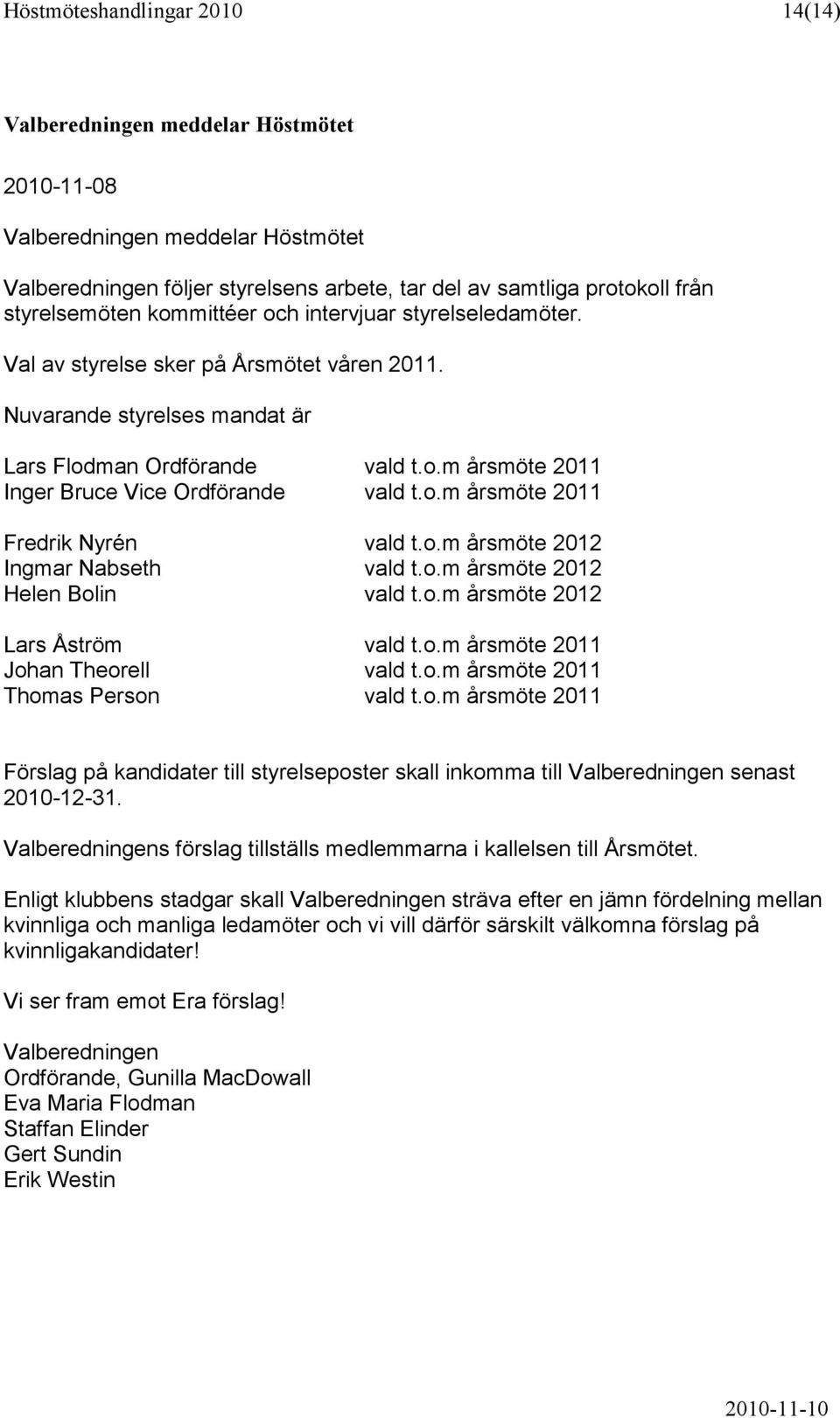 o.m årsmöte 2011 Fredrik Nyrén vald t.o.m årsmöte 2012 Ingmar Nabseth vald t.o.m årsmöte 2012 Helen Bolin vald t.o.m årsmöte 2012 Lars Åström vald t.o.m årsmöte 2011 Johan Theorell vald t.o.m årsmöte 2011 Thomas Person vald t.