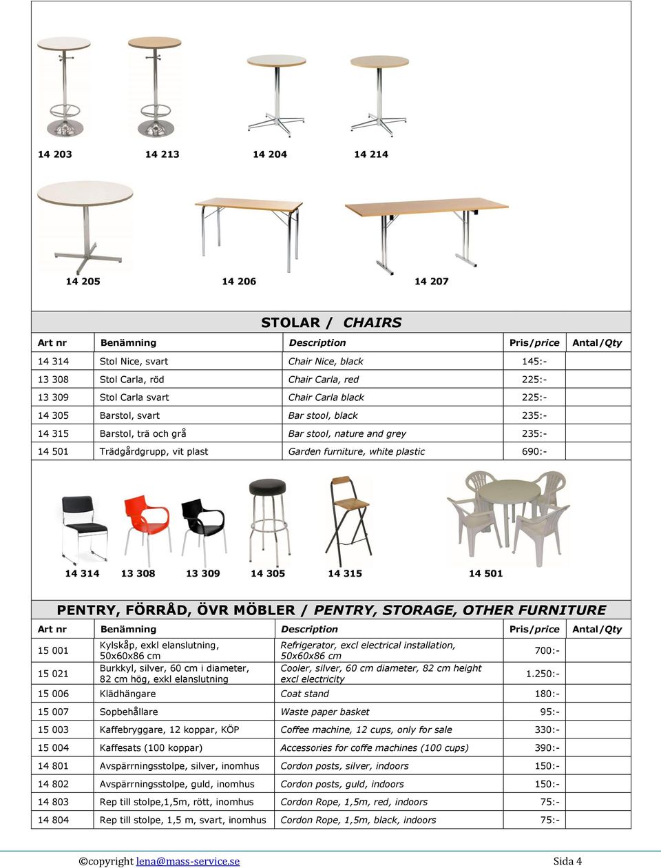 308 13 309 14 305 14 315 14 501 PENTRY, FÖRRÅD, ÖVR MÖBLER / PENTRY, STORAGE, OTHER FURNITURE 15 001 15 021 Kylskåp, exkl elanslutning, 50x60x86 cm Burkkyl, silver, 60 cm i diameter, 82 cm hög, exkl