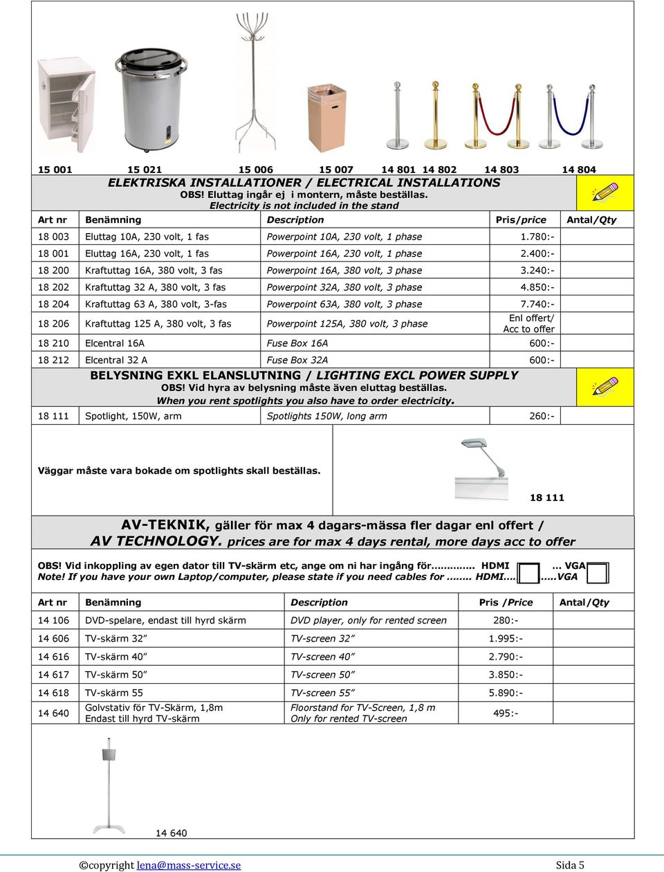 400:- 18 200 Kraftuttag 16A, 380 volt, 3 fas Powerpoint 16A, 380 volt, 3 phase 3.240:- 18 202 Kraftuttag 32 A, 380 volt, 3 fas Powerpoint 32A, 380 volt, 3 phase 4.