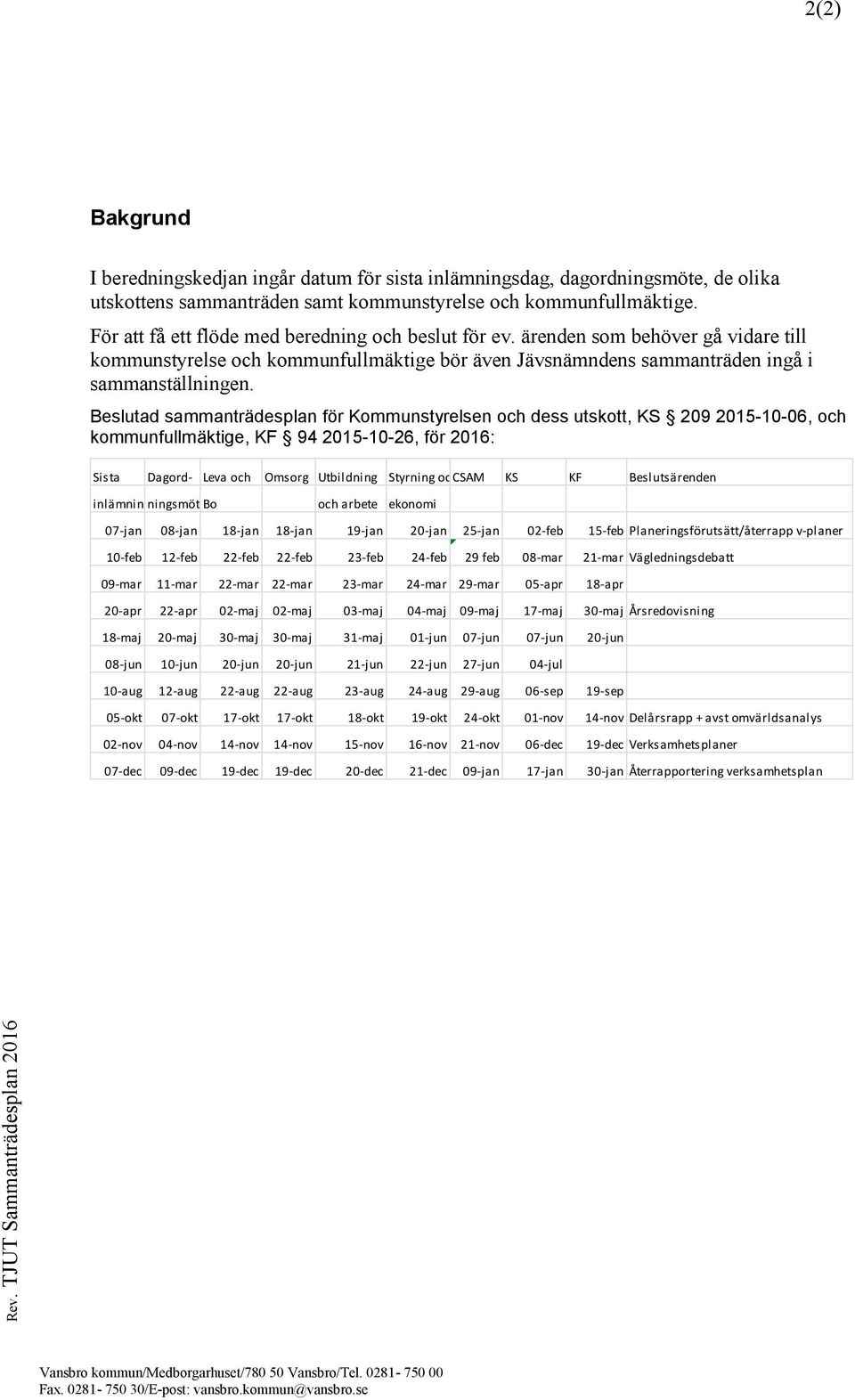 ad sammanträdesplan för Kommunstyrelsen och dess utskott, KS 209 2015-10-06, och kommunfullmäktige, KF 94 2015-10-26, för 2016: Sista Dagord- Leva och Omsorg Utbildning Styrning och CSAM KS KF