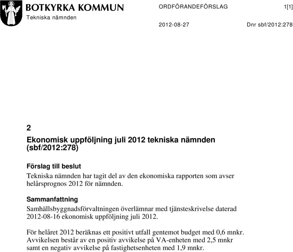 Sammanfattning Samhällsbyggnadsförvaltningen överlämnar med tjänsteskrivelse daterad 2012-08-16 ekonomisk uppföljning juli 2012.