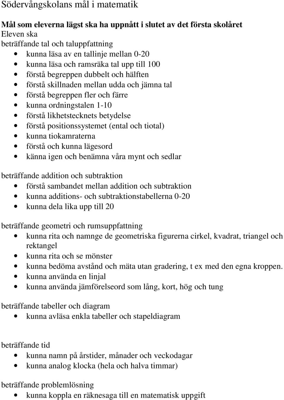 positionssystemet (ental och tiotal) kunna tiokamraterna förstå och kunna lägesord känna igen och benämna våra mynt och sedlar beträffande addition och subtraktion förstå sambandet mellan addition