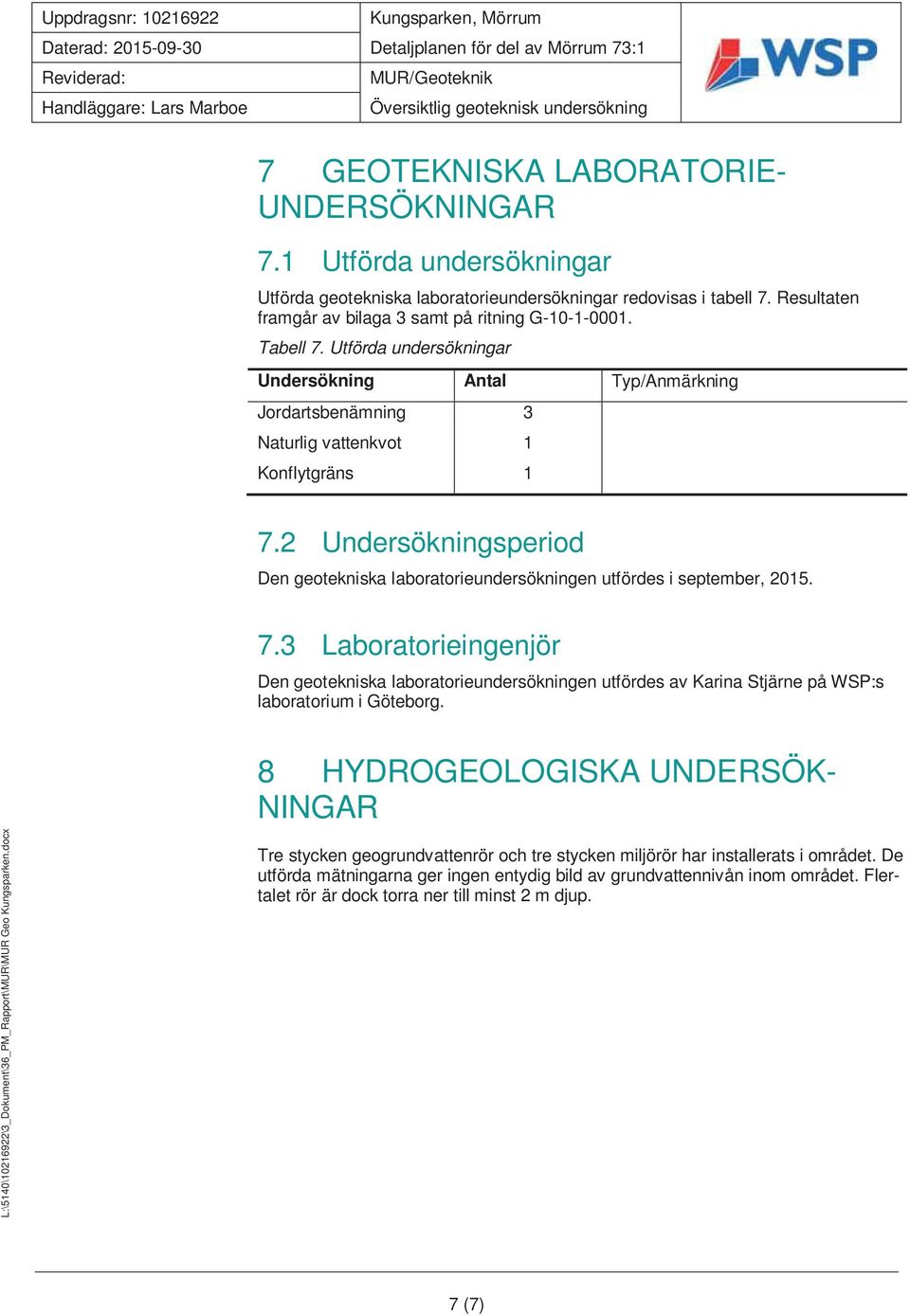 Utförda undersökningar Undersökning Antal Typ/Anmärkning Jordartsbenämning 3 Naturlig vattenkvot 1 Konflytgräns 1 7.