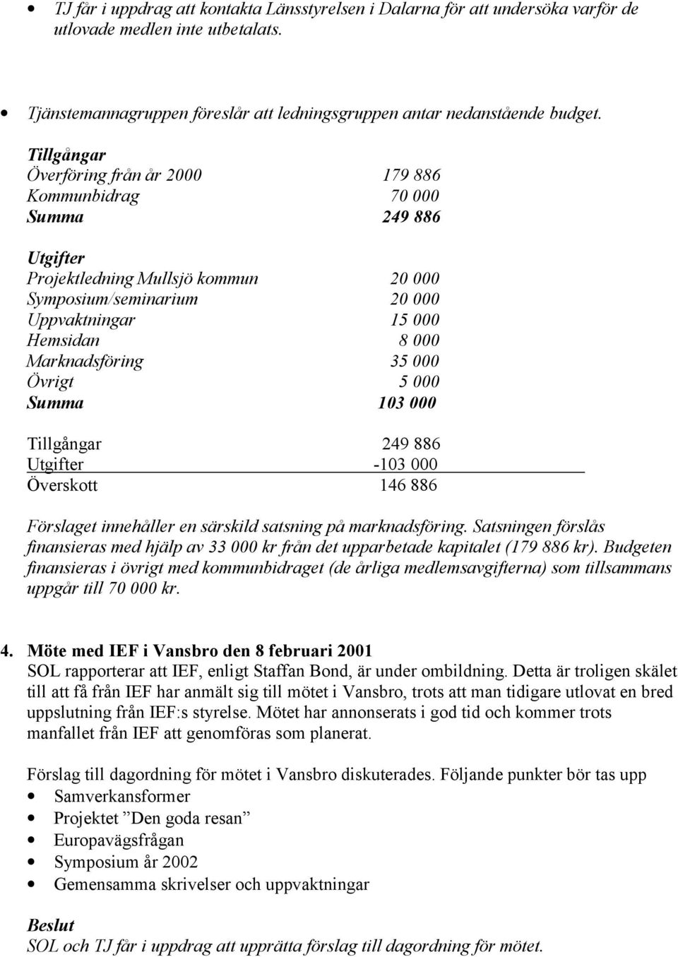 Marknadsföring 35 000 Övrigt 5 000 Summa 103 000 Tillgångar 249 886 Utgifter -103 000 Överskott 146 886 Förslaget innehåller en särskild satsning på marknadsföring.