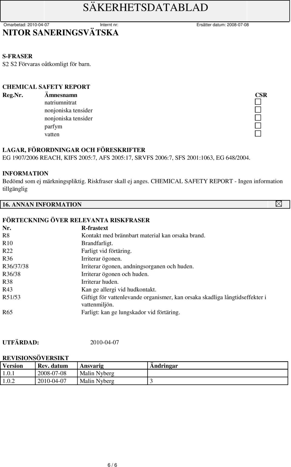 648/2004. INFORMATION Bedömd som ej märkningspliktig. Riskfraser skall ej anges. CHEMICAL SAFETY REPORT - Ingen information tillgänglig 16. ANNAN INFORMATION FÖRTECKNING ÖVER RELEVANTA RISKFRASER Nr.