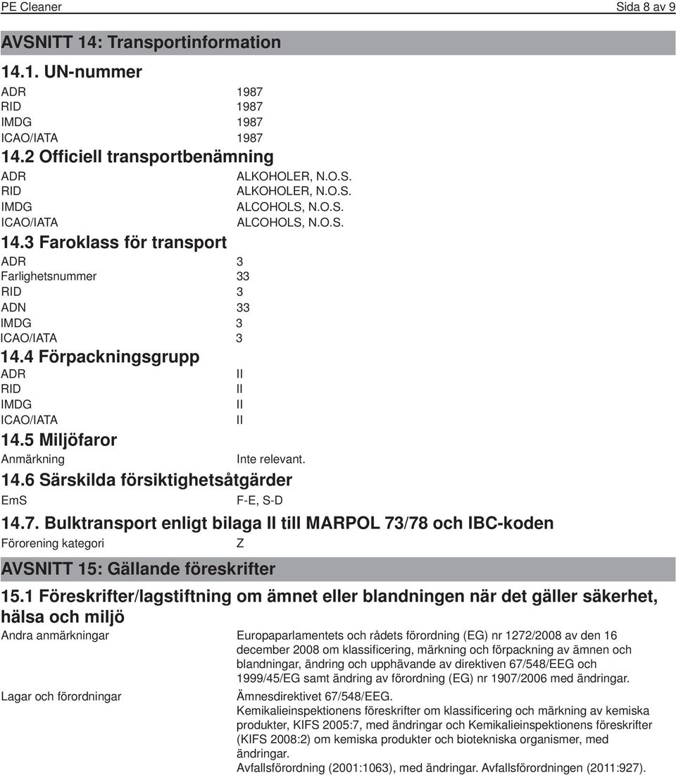 6 Särskilda försiktighetsåtgärder EmS II II II II Inte relevant. F-E, S-D 14.7.