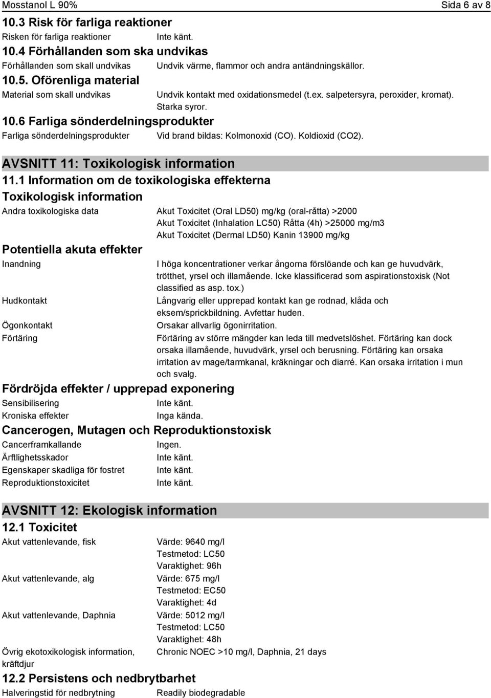 6 Farliga sönderdelningsprodukter Farliga sönderdelningsprodukter Vid brand bildas: Kolmonoxid (CO). Koldioxid (CO2). AVSNITT 11: Toxikologisk information 11.