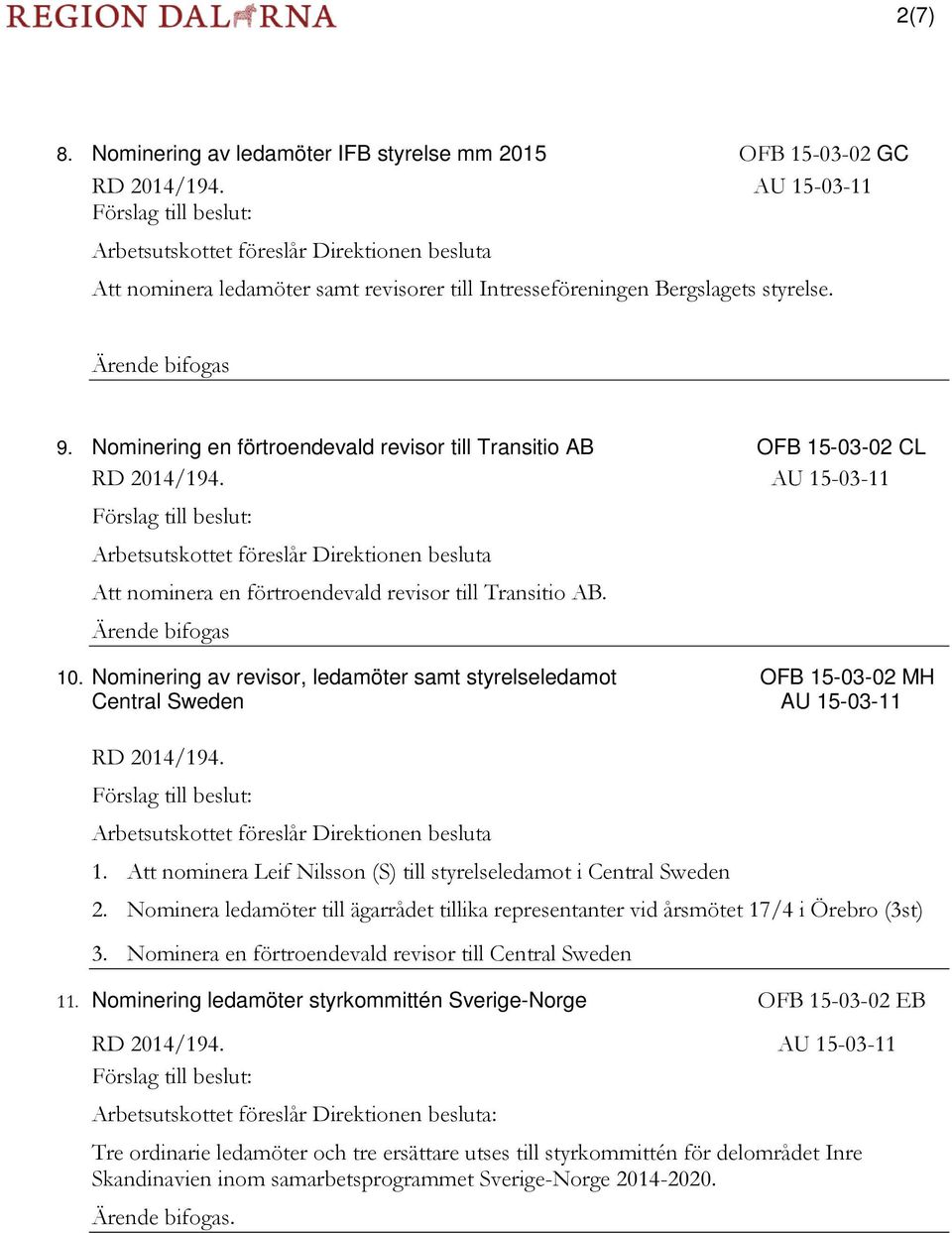 Nominering av revisor, ledamöter samt styrelseledamot OFB 15-03-02 MH Central Sweden RD 2014/194. 1. Att nominera Leif Nilsson (S) till styrelseledamot i Central Sweden 2.