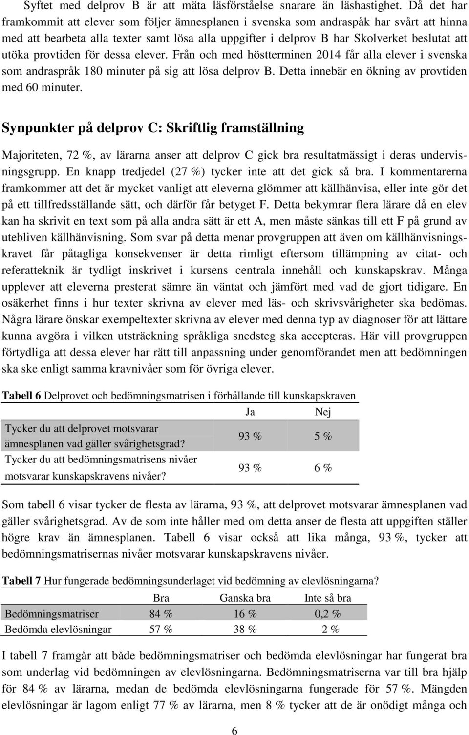 provtiden för dessa elever. Från och med höstterminen 2014 får alla elever i svenska som andraspråk 180 minuter på sig att lösa delprov B. Detta innebär en ökning av provtiden med 60 minuter.