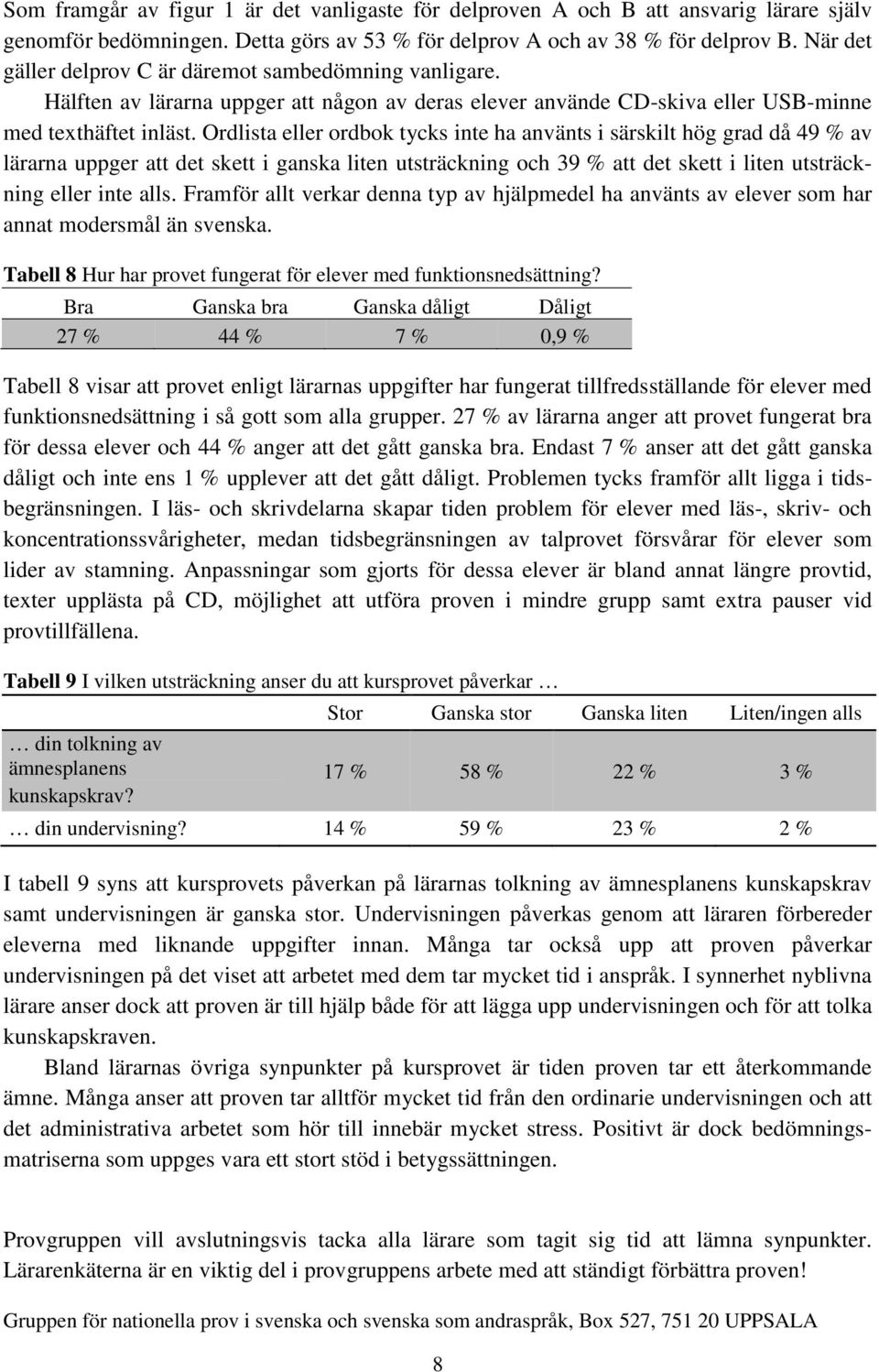 Ordlista eller ordbok tycks inte ha använts i särskilt hög grad då 49 % av lärarna uppger att det skett i ganska liten utsträckning och 39 % att det skett i liten utsträckning eller inte alls.