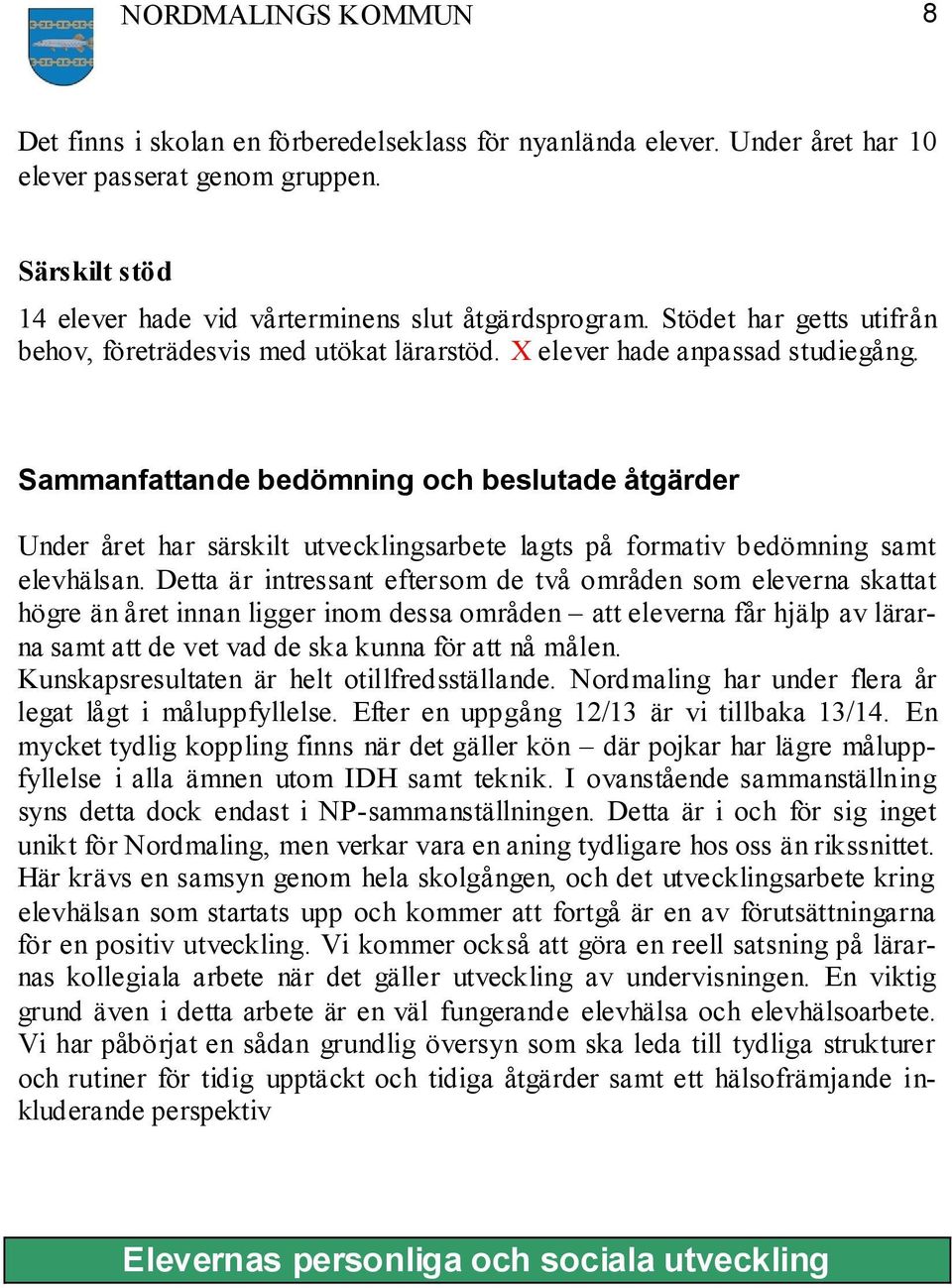 Sammanfattande bedömning och beslutade åtgärder Under året har särskilt utvecklingsarbete lagts på formativ bedömning samt elevhälsan.